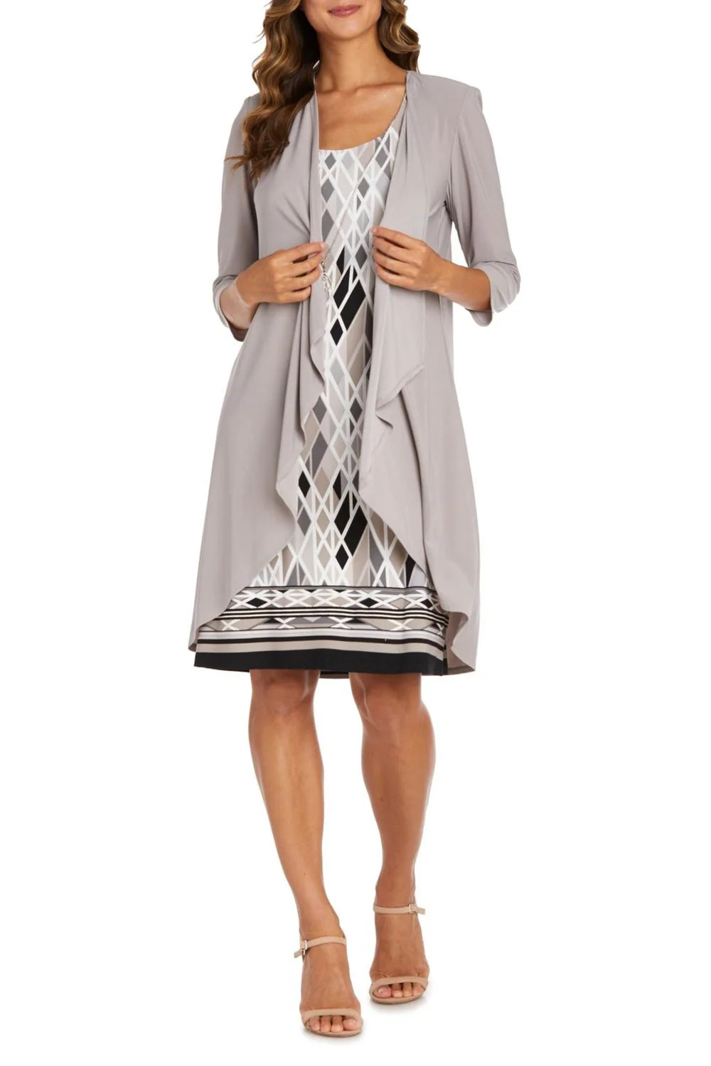 Multi Print 2 Piece Jacket & Dress Set In Taupe/black