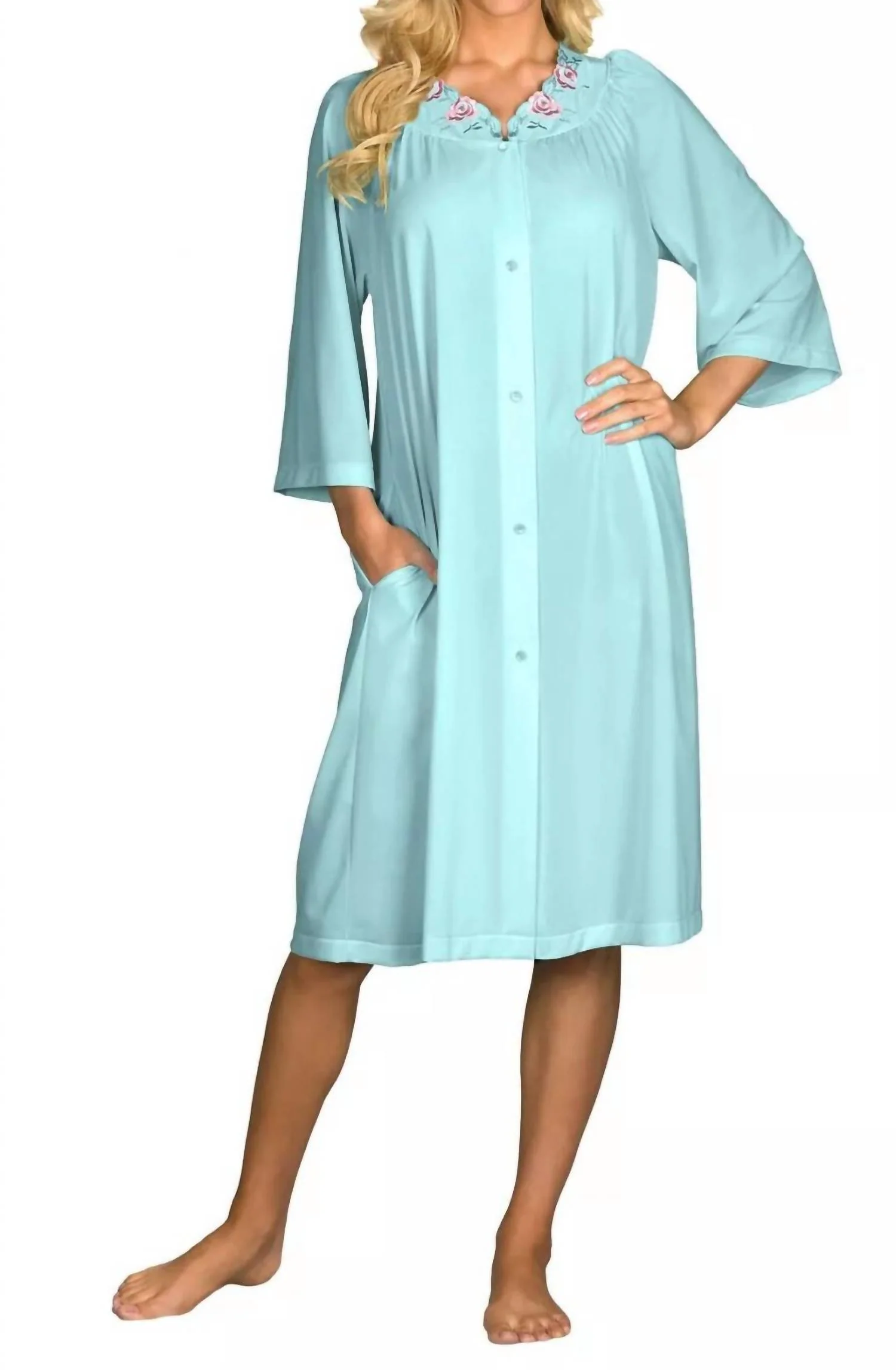 Short 3/4 Sleeve Button Down Robe In Seadoam