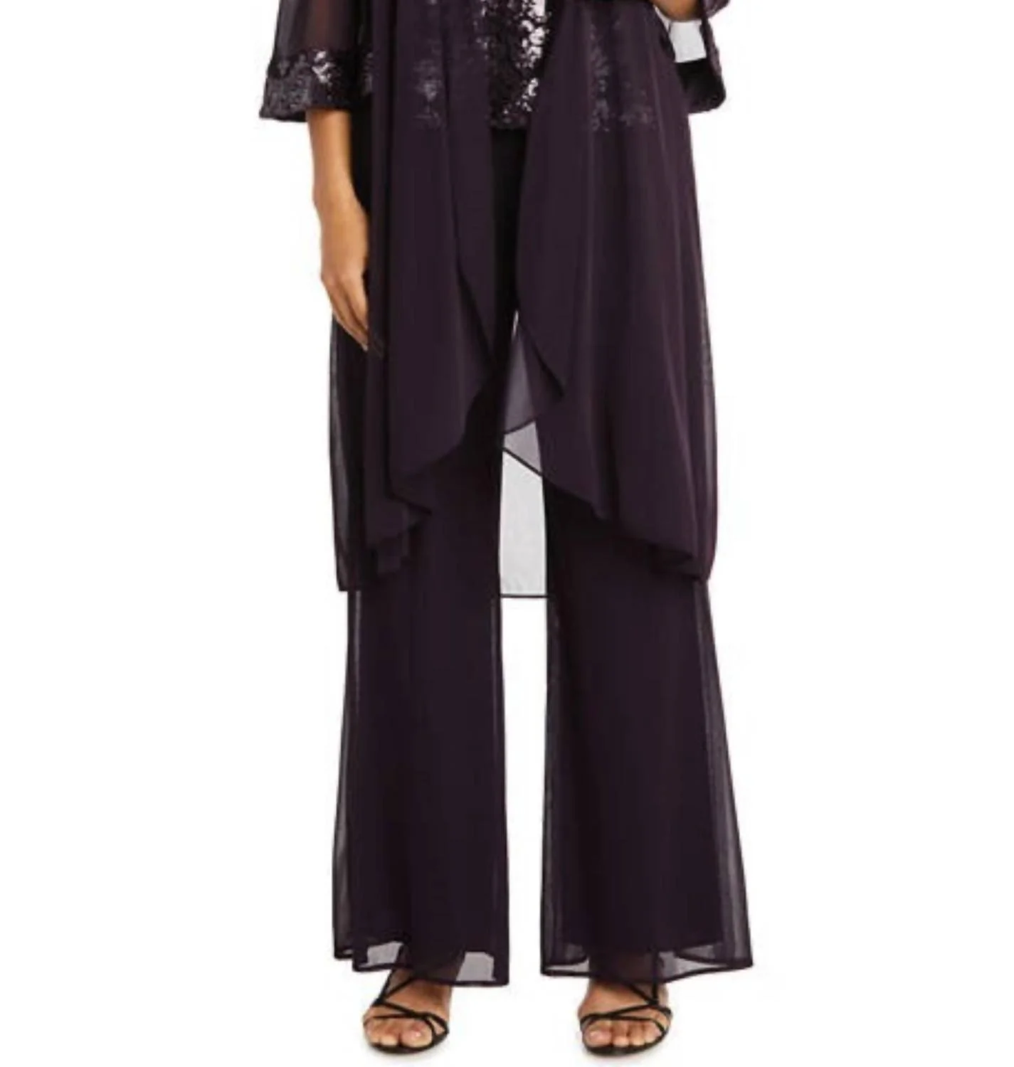 3-Piece Beaded Neck Duster Pants Set In Eggplant