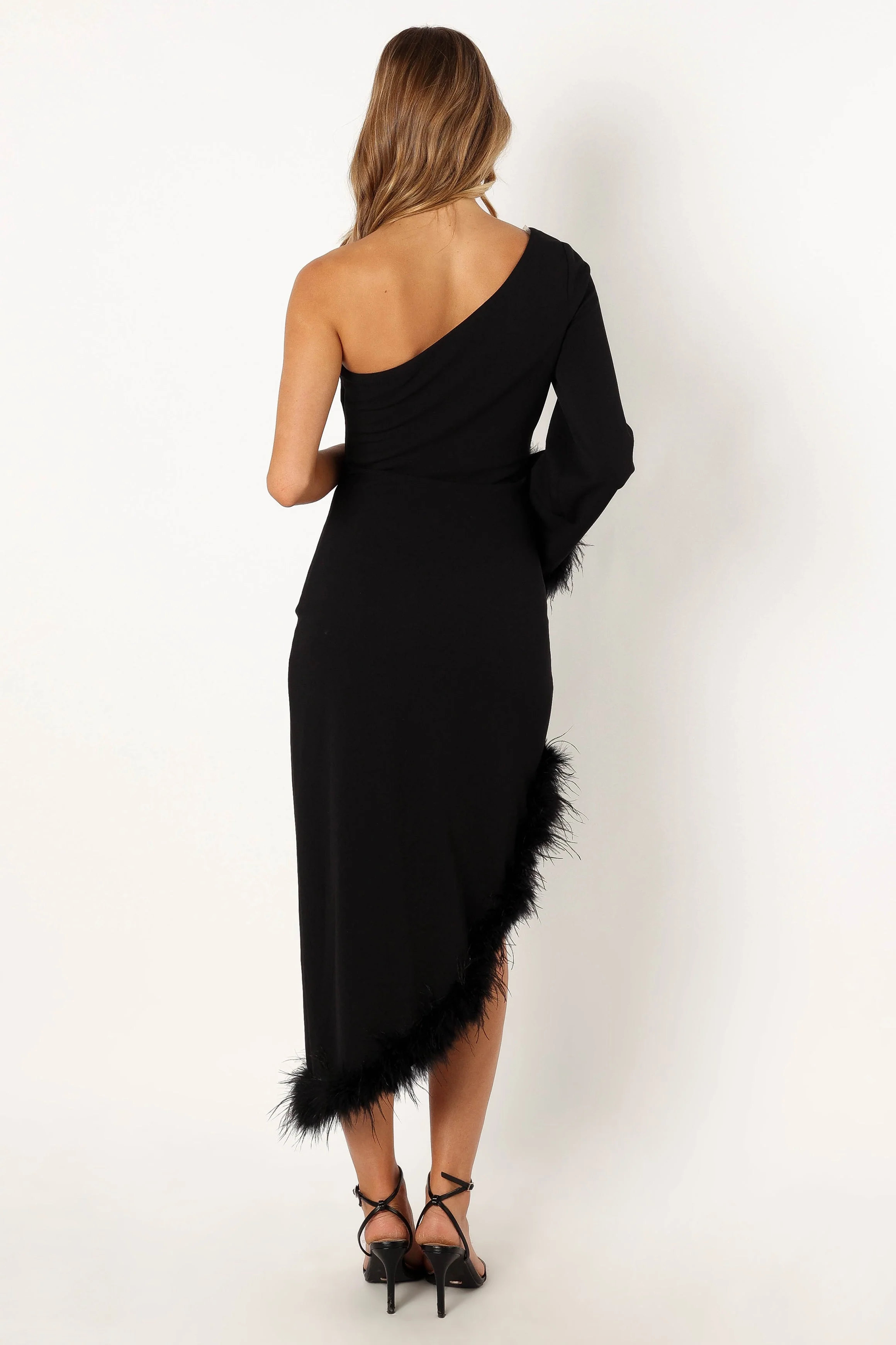 Dame One Shoulder Feather Midi Dress - Black