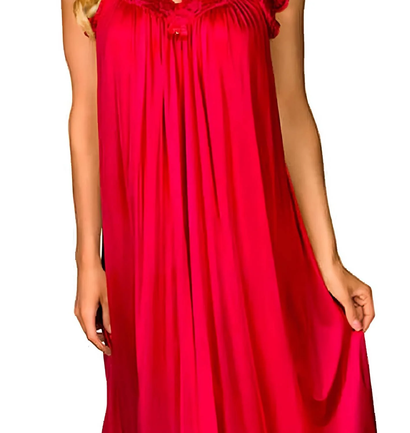 Long Lace Cap Sleeve Nightgown In Red