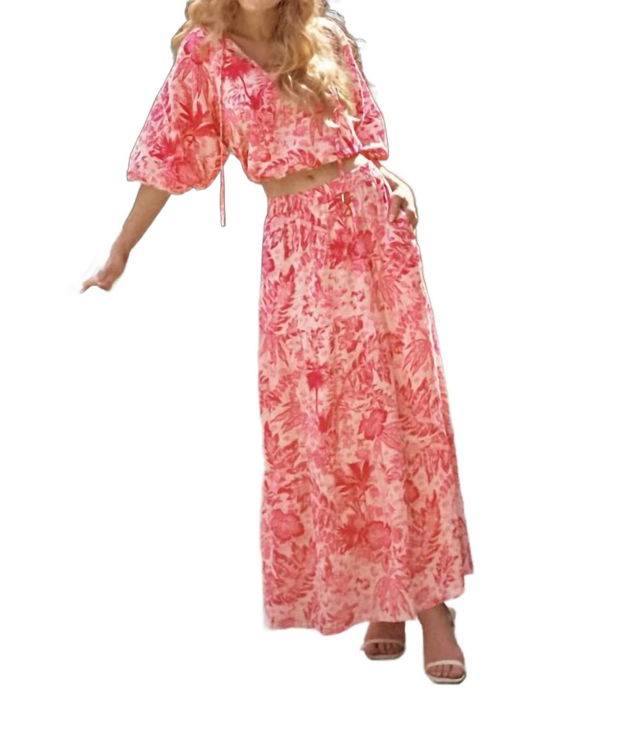 Ibiza Voile Leaf Print Maxi Skirt In Pink