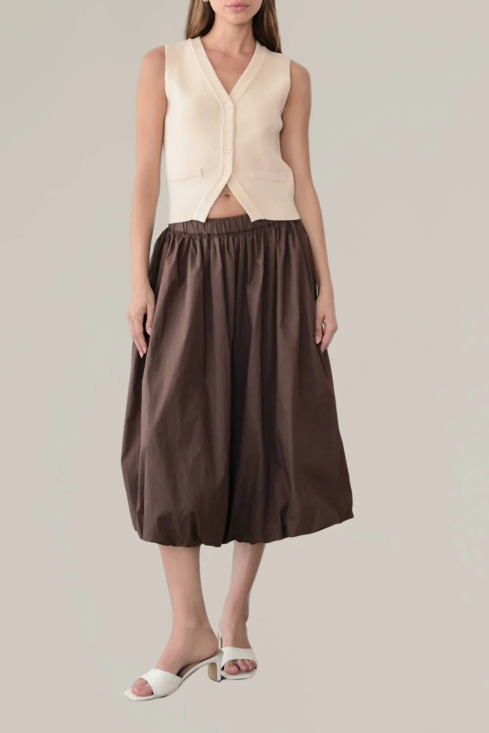 Elastic Waist Bubble Hem Skirt In Brown
