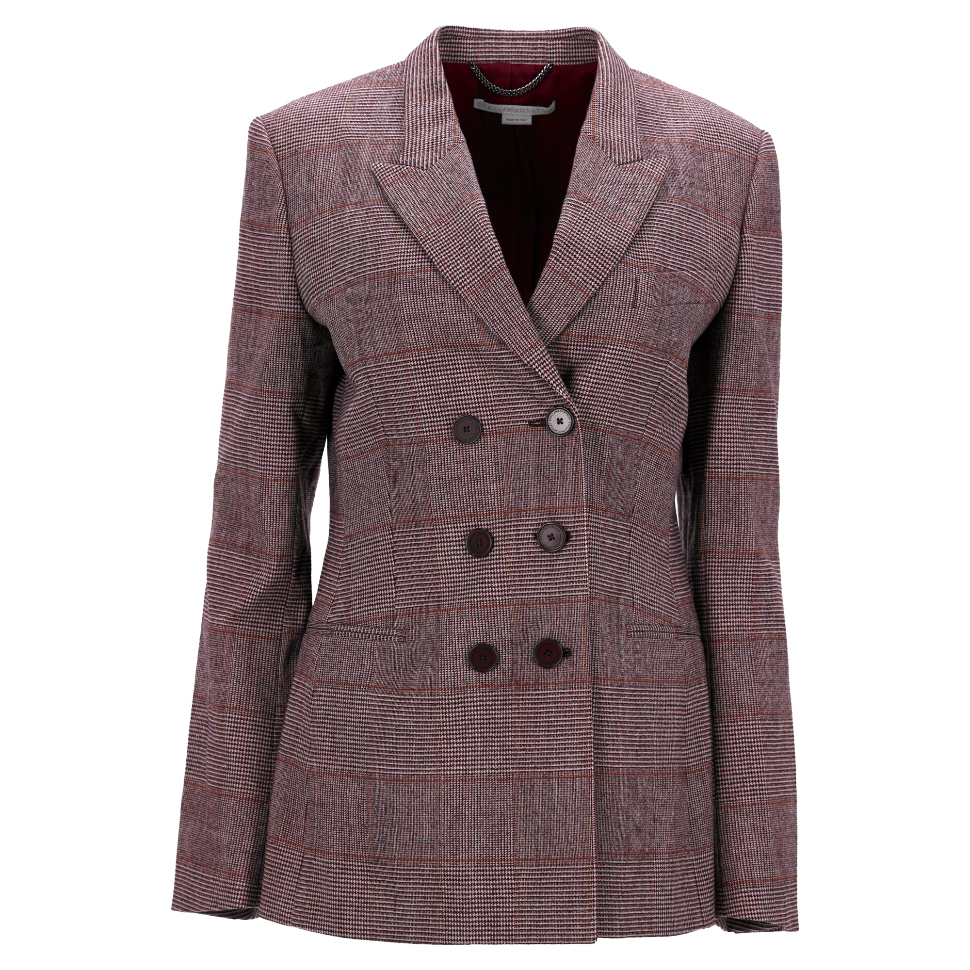 Stella McCartney Double-Breasted Plaid Jacket in Burgundy Virgin Wool