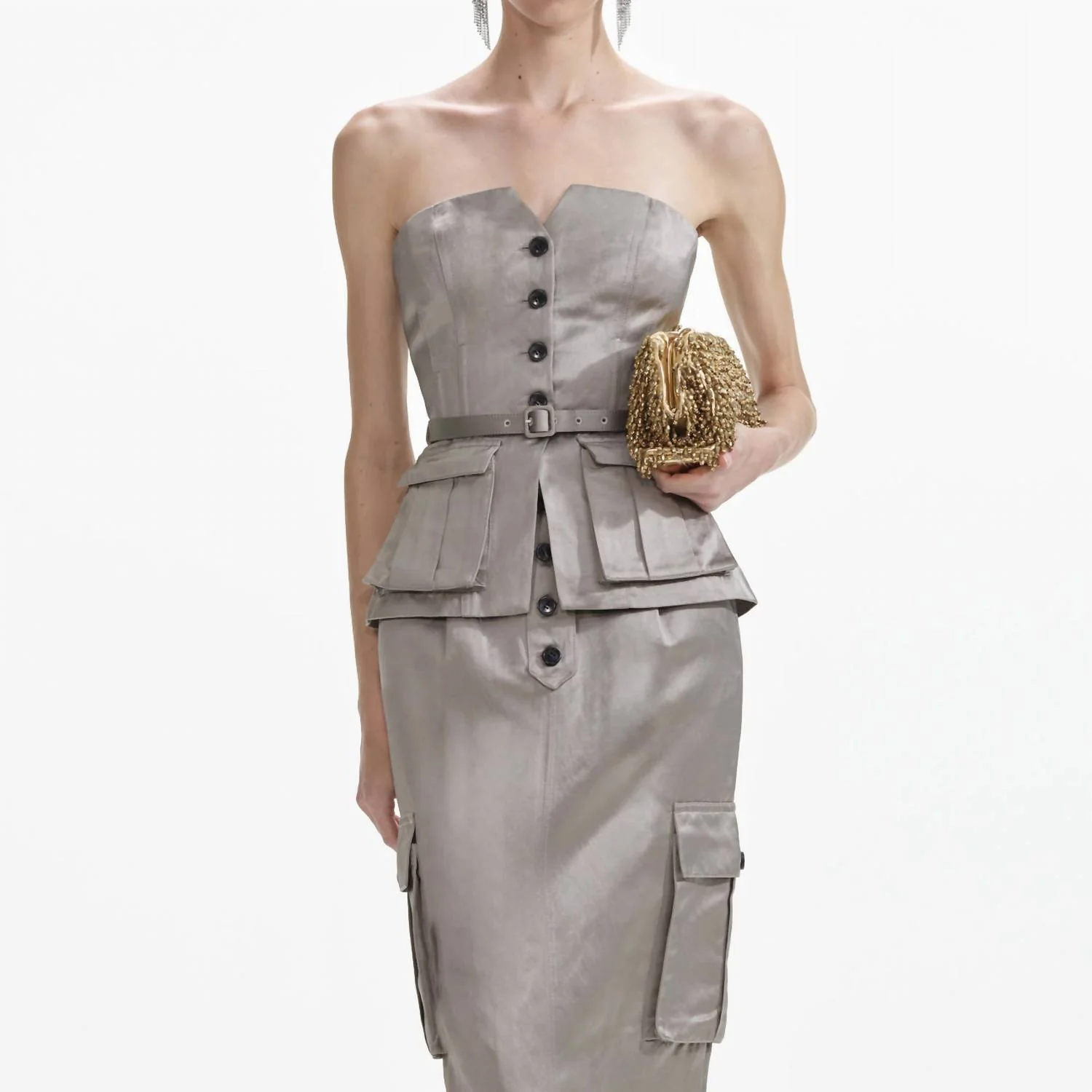 Satin Cargo Midi Skirt Taupe In Beige