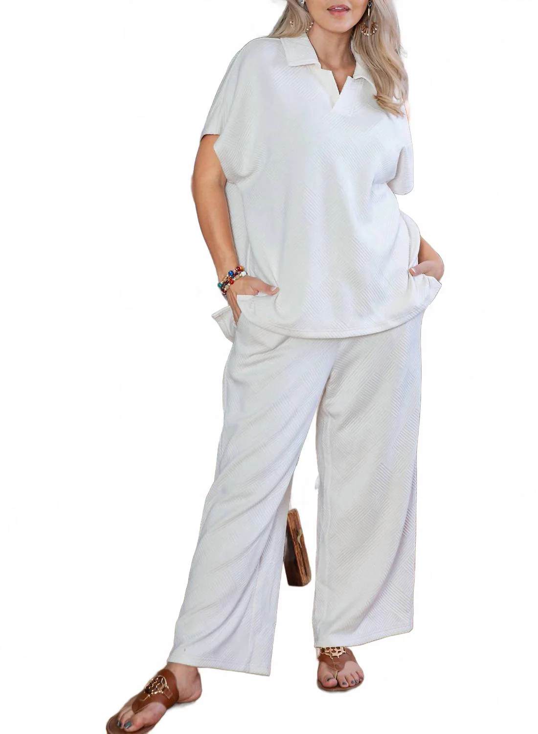 Textured Collared Top And Pants Set For Women - Plus In Beige