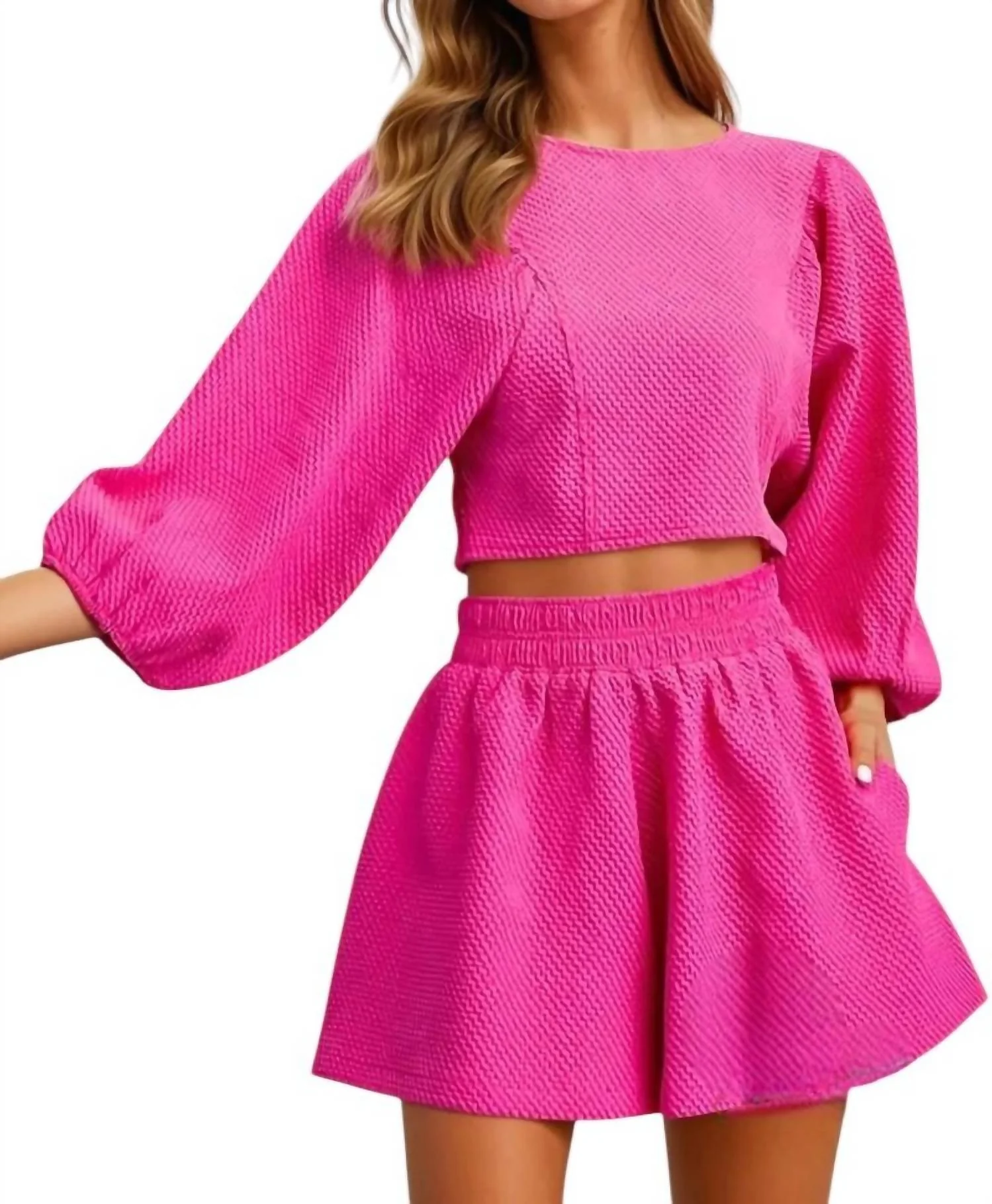 Catalina Round Neckline Balloon Sleeve Top & Short Set In Magenta