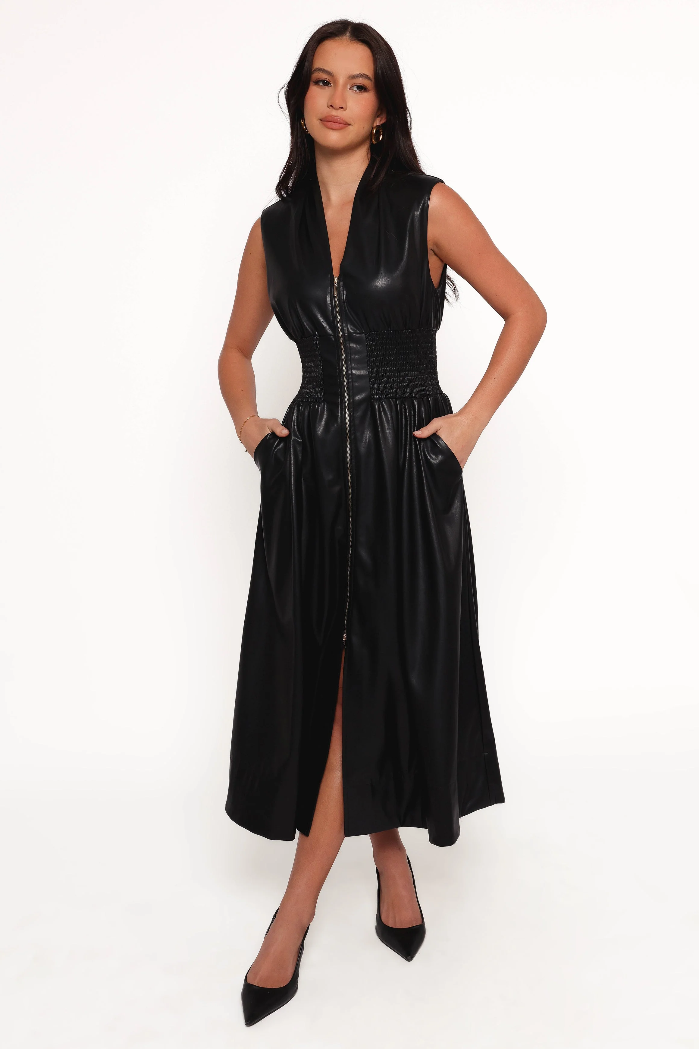 Lizzi Faux Leather Midi Dress - Black