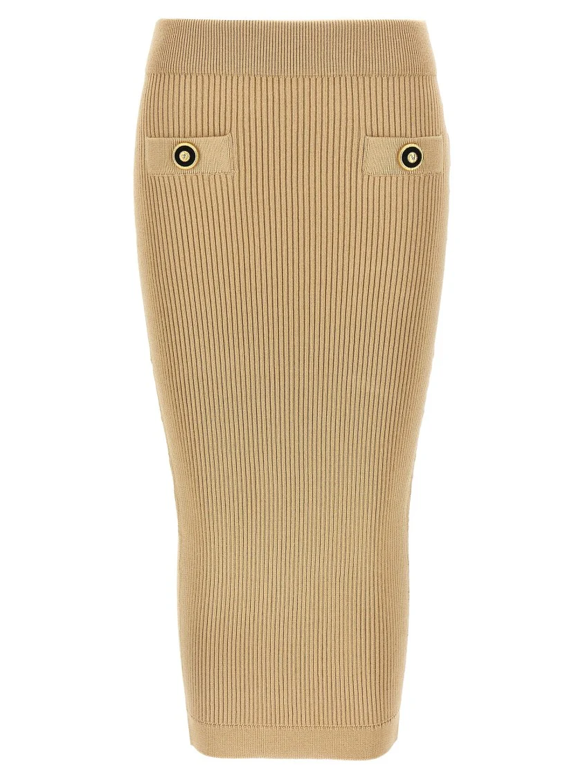 Ribbed Knit Midi Skirt With Trompe-L'œil Pockets