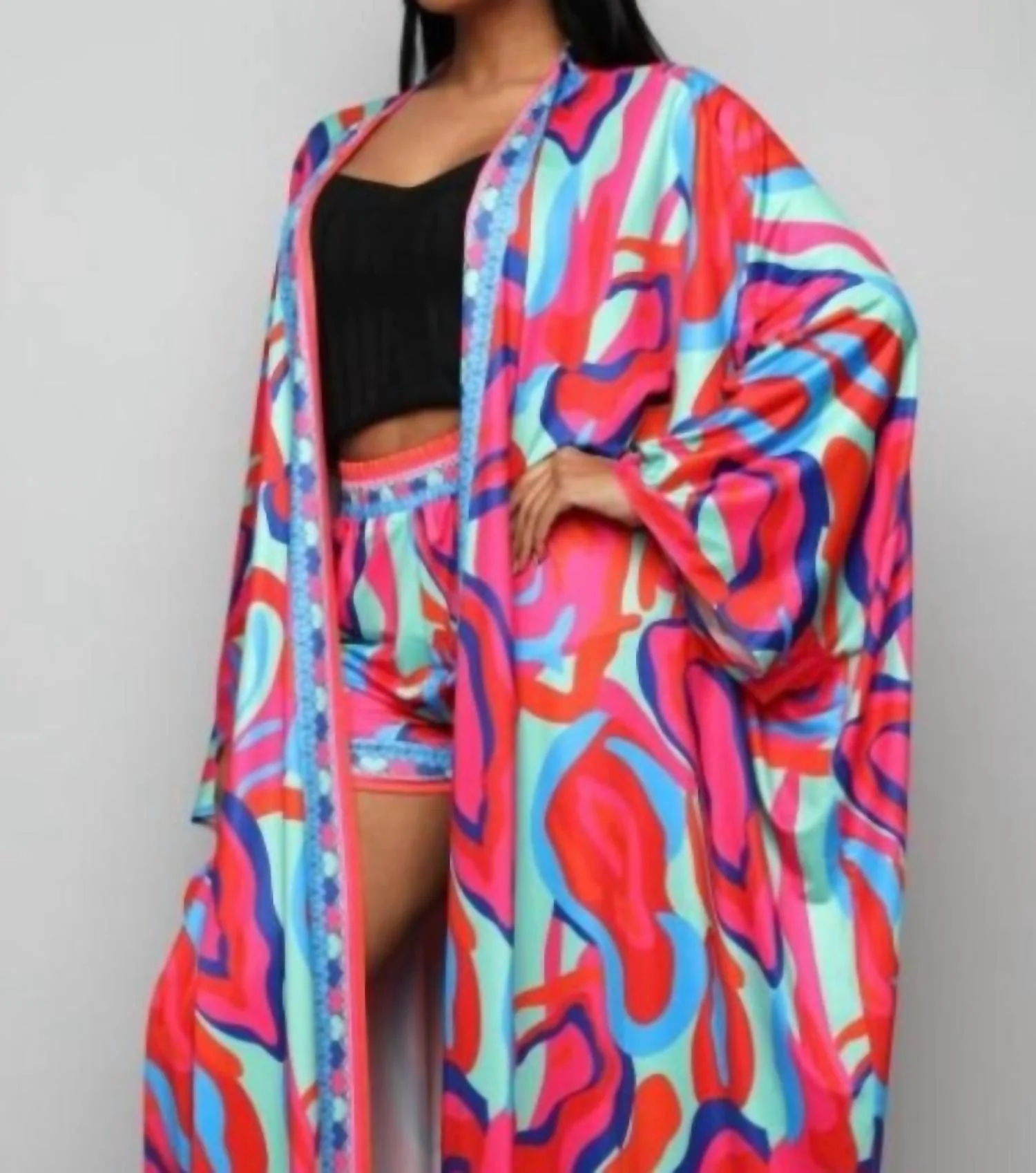 Alia Kimono Short Set In Pink Multi Print