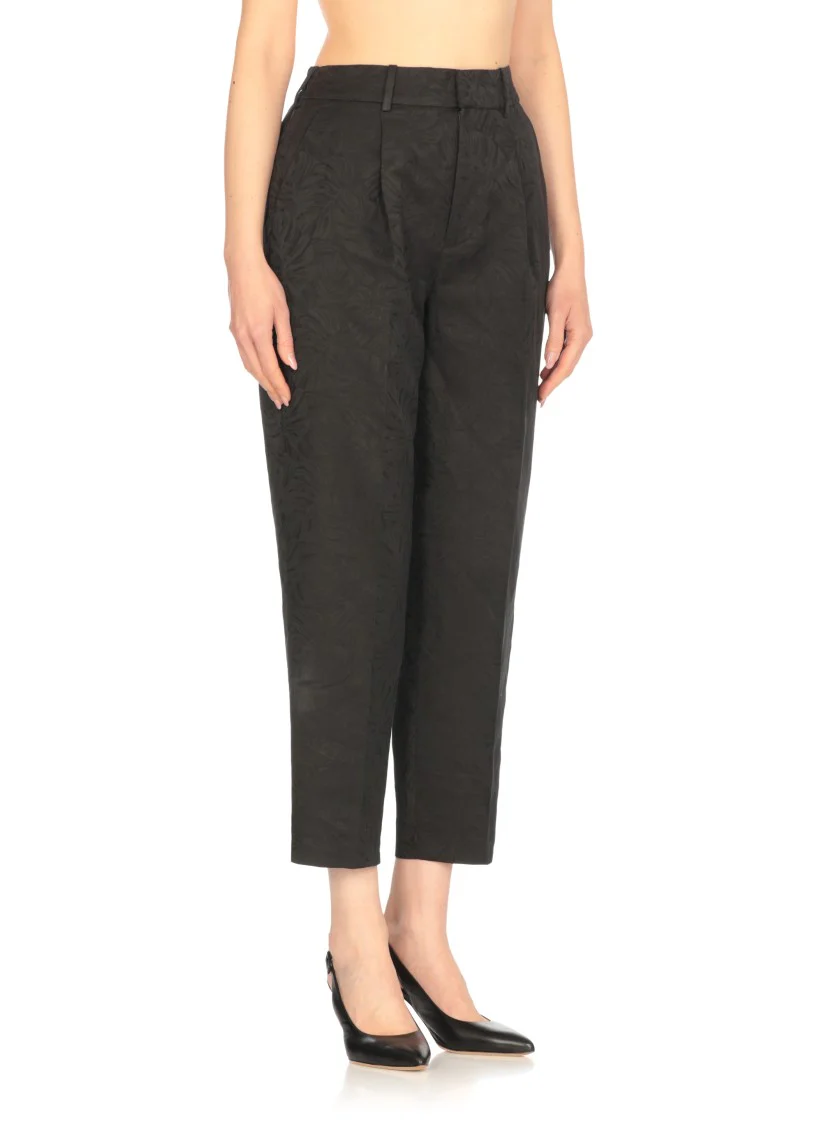 Palazzo Pants In Black Linen And Cotton With Floral Pattern