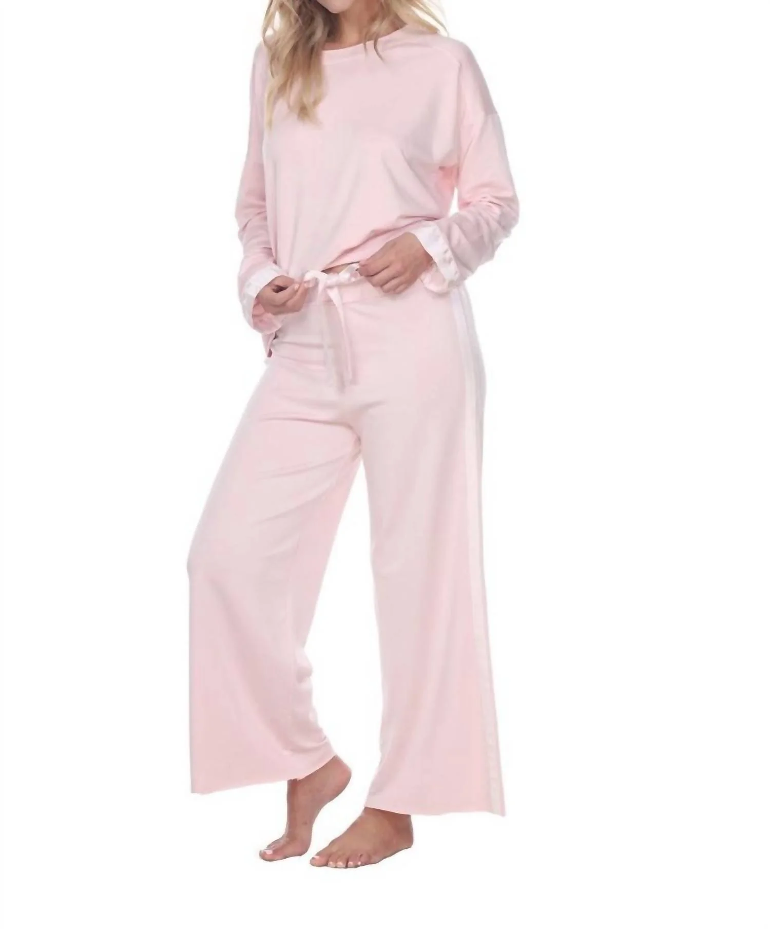 Kimber Crop French Terry Wide Leg Crop Pant With Satin Stripes In Blush