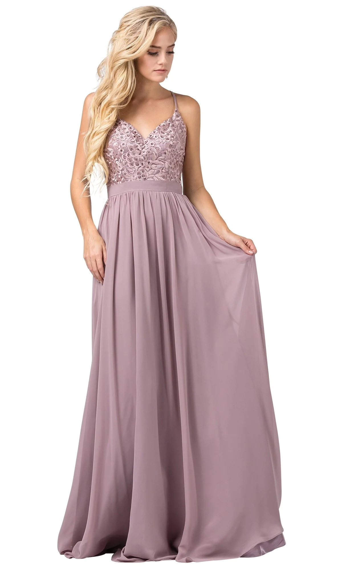 V-Neck Chiffon Formal Evening Dress with Embroidery