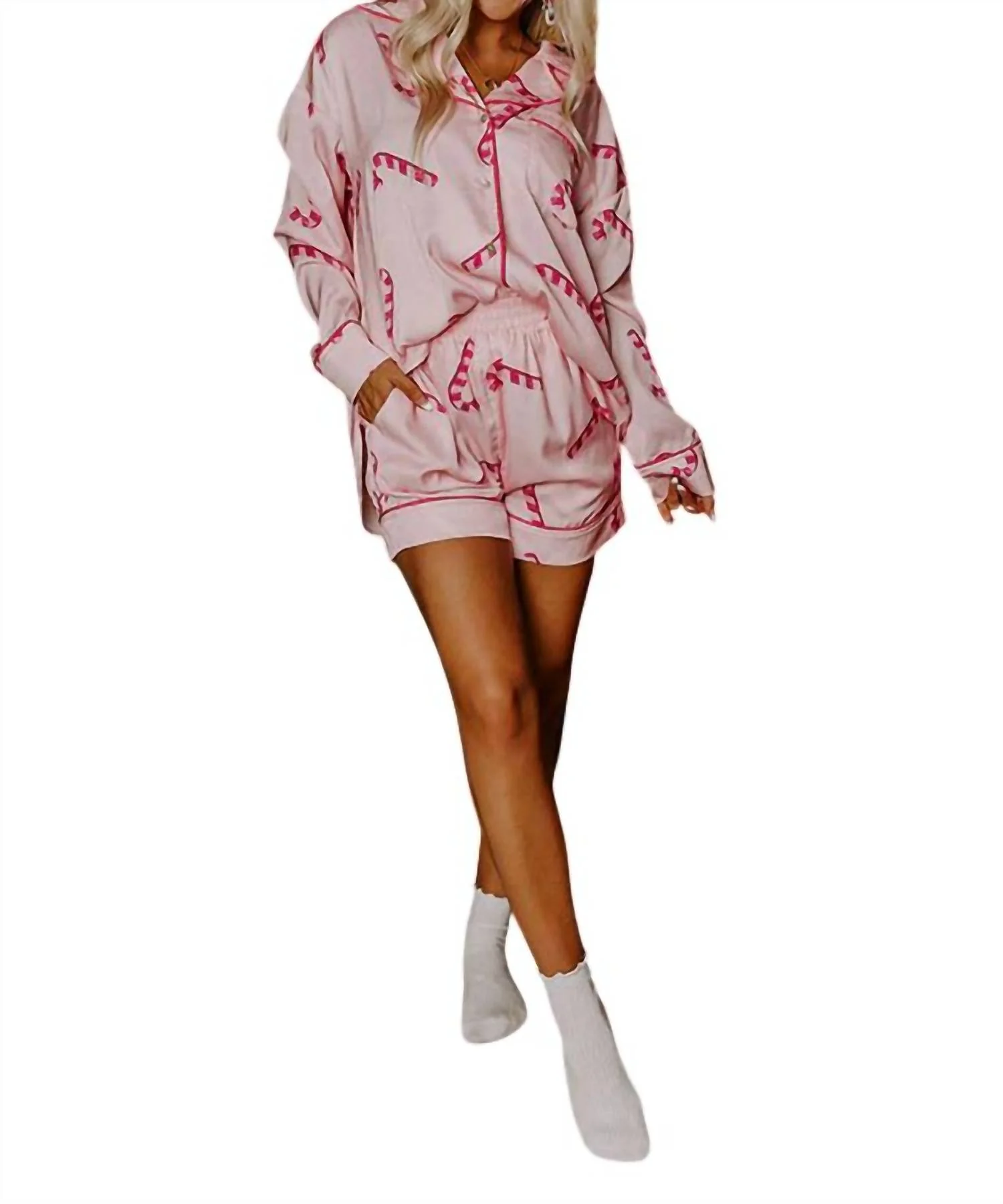 Candy Cane Kisses Satin Pajama Set In Pink