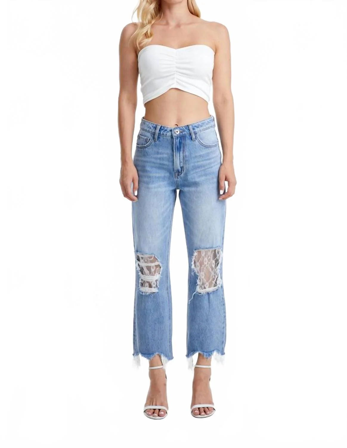 Lace High Rise Crop Straight Jean In Wathet Blue