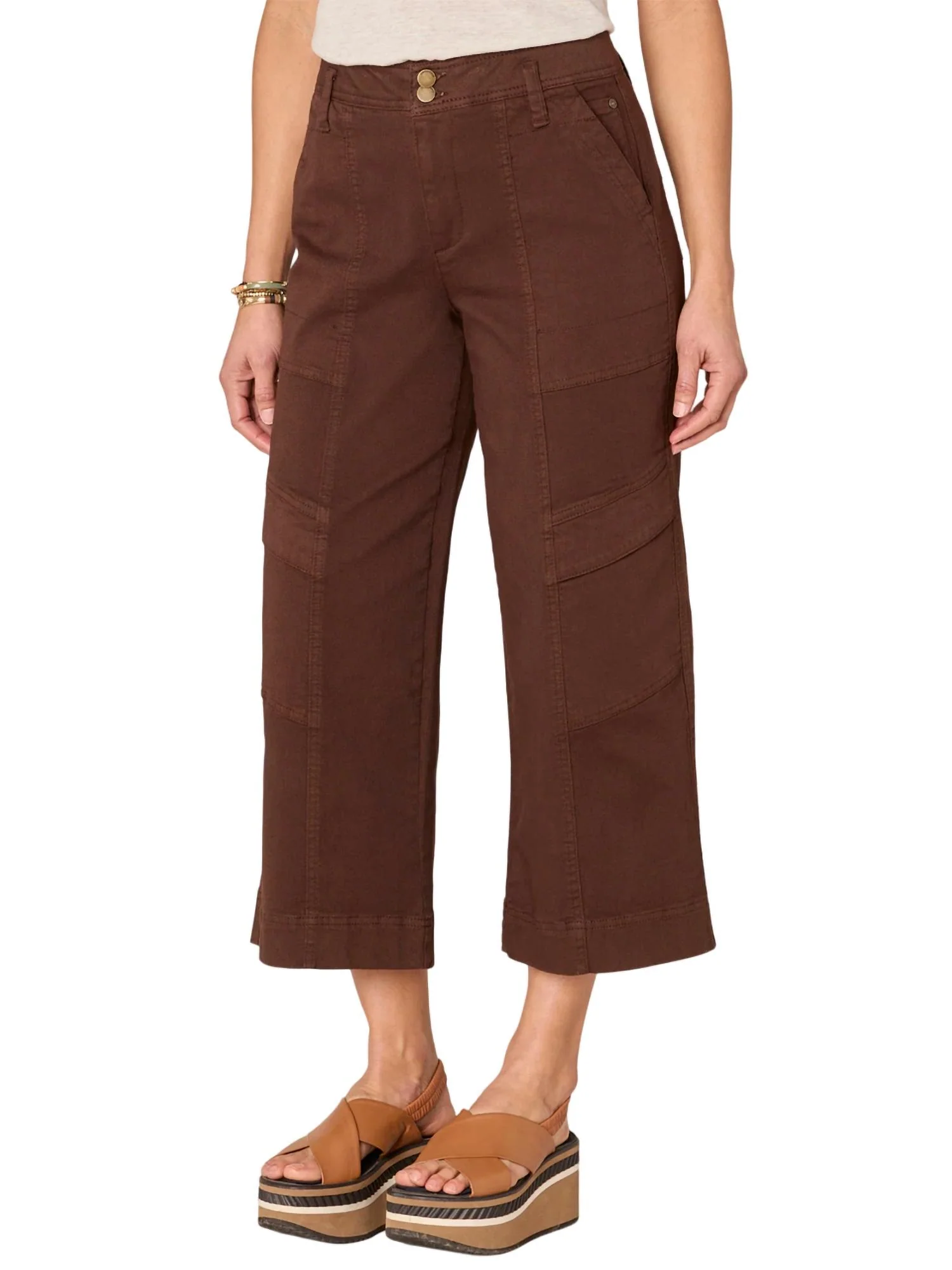 absolution Skyrise Double Button Wide Leg Crop Utility Pants In Chocolate Truffle