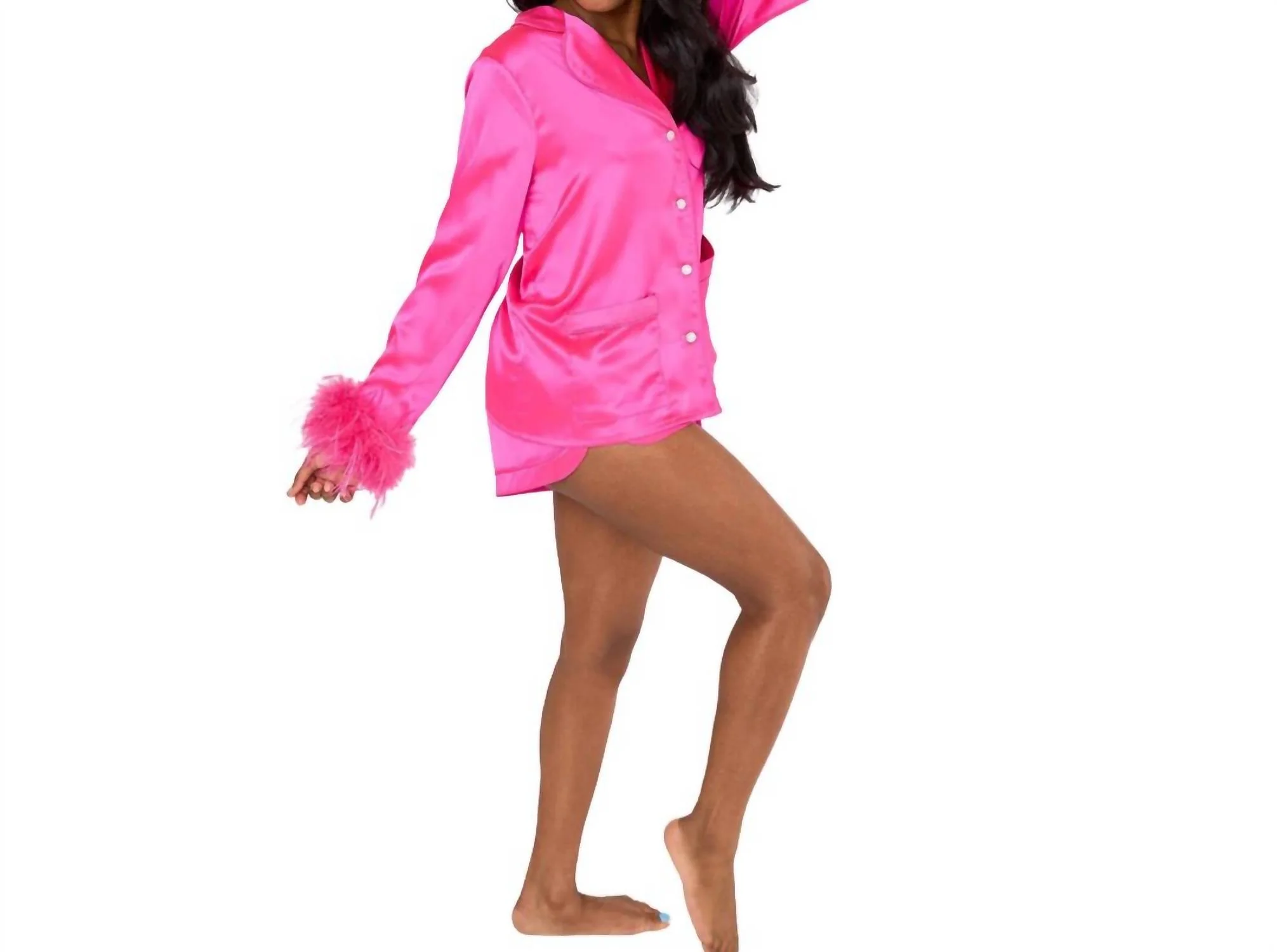 Prescott Feather Trimmed Pajama Set In Hot Pink