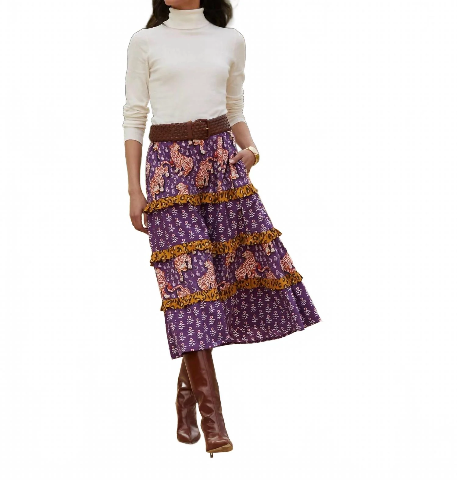 Now Or Later Tiger Queen Skirt In Purple/brown/black
