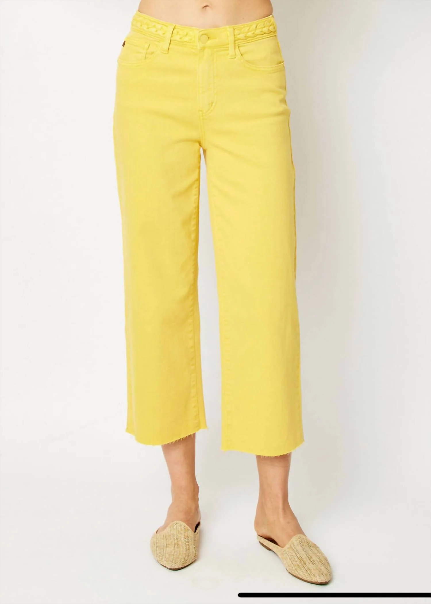 High-Waist Garment Dyed Braided Crop Jeans In Yellow