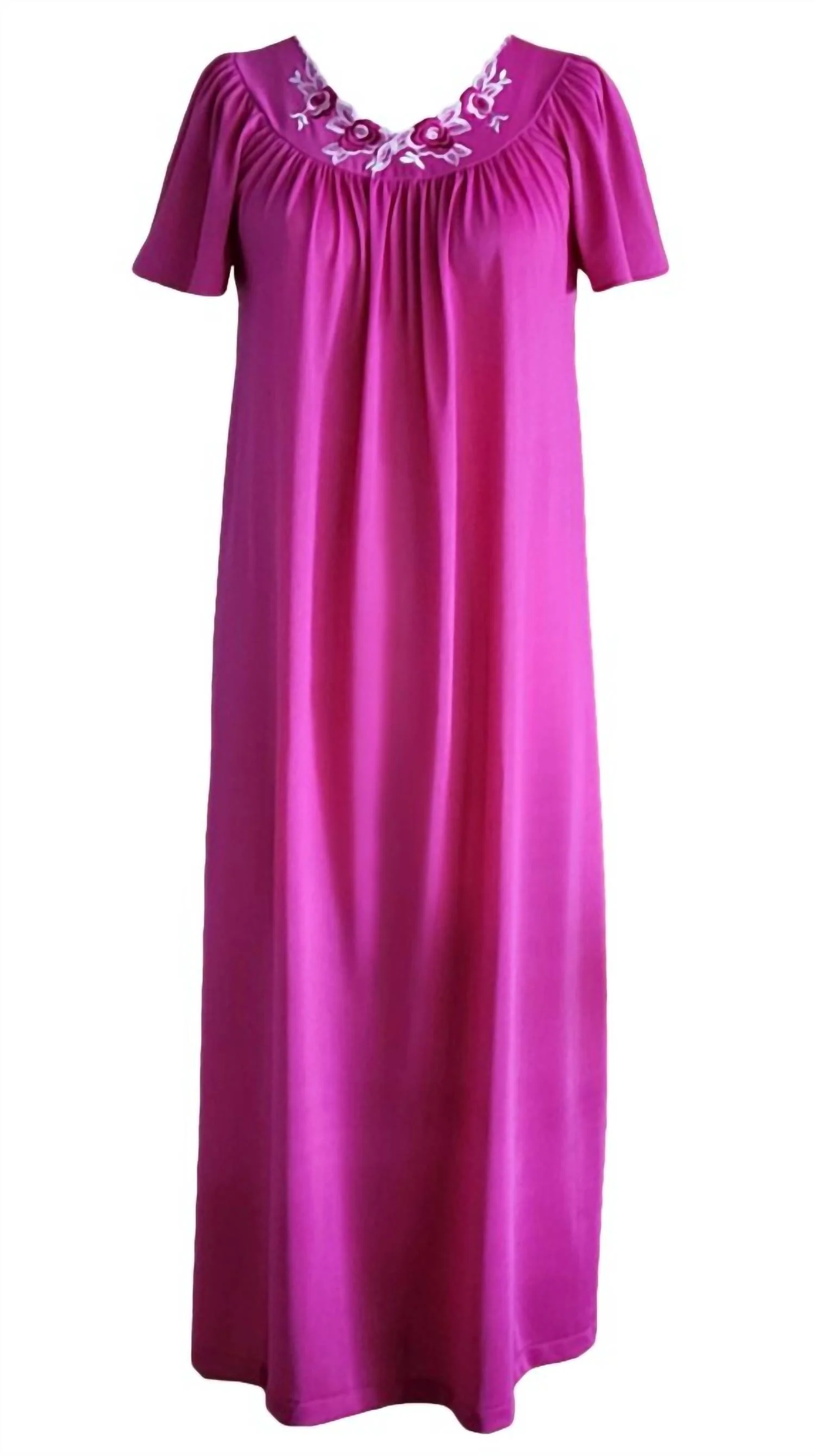 Women's Long Gown With Flower Petal Embroidery And Flutter Sleeves In Raspberry