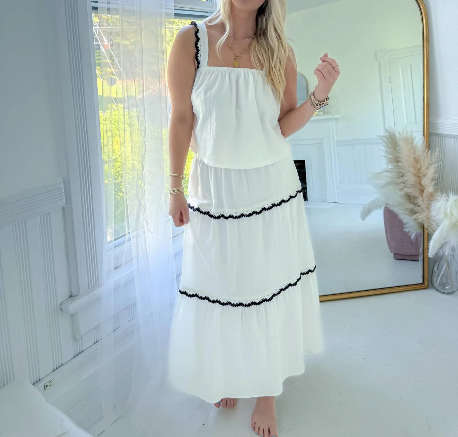 Mack Tiered Midi Skirt Set In Off White