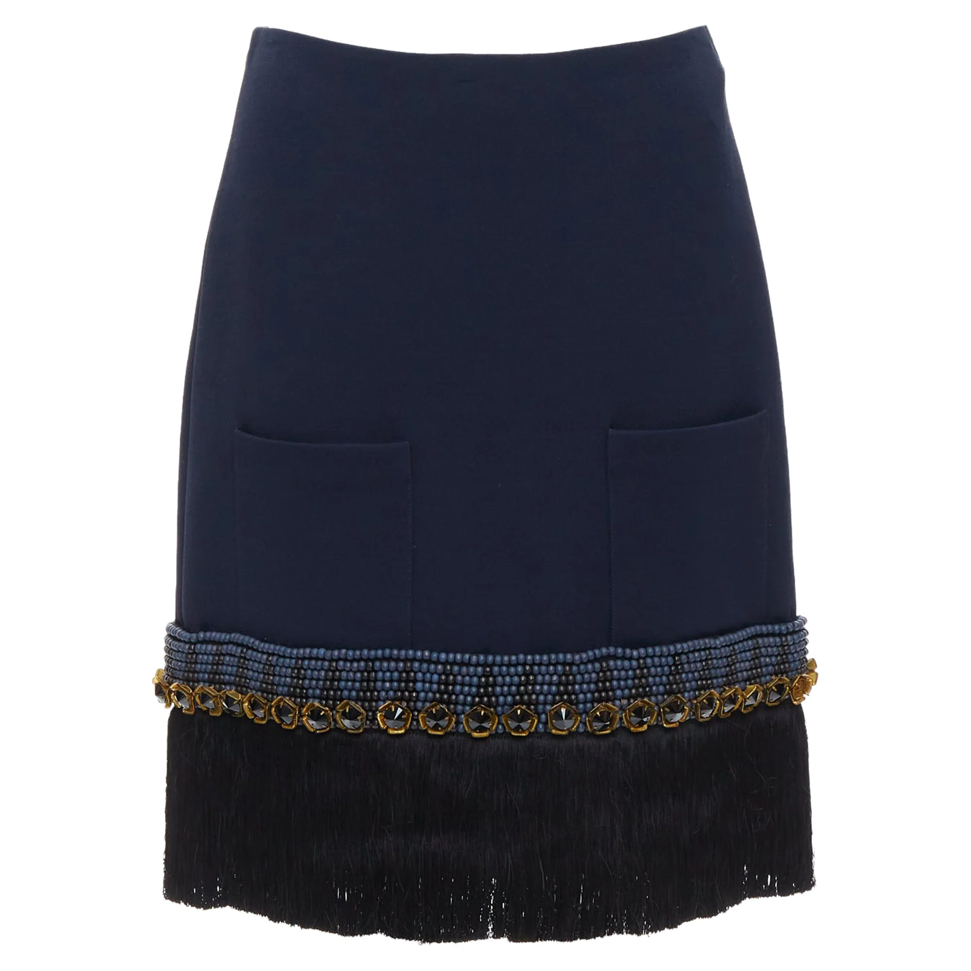 Marni Bead Crystal Fringe Embellished Hem Knee Skirt