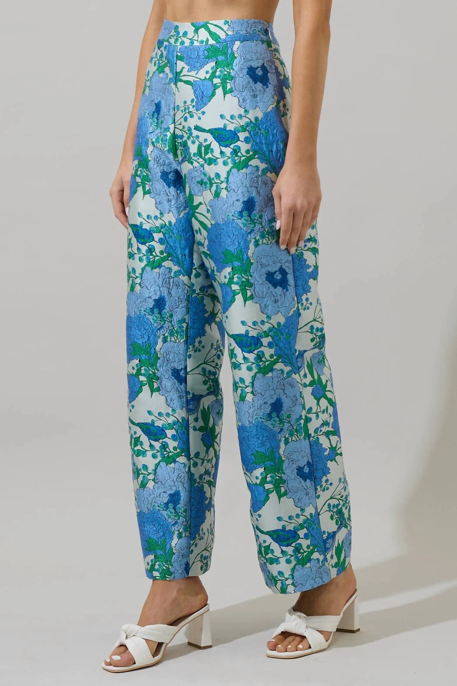 Willa Floral Bern Jacquard Wide Leg Pants In White/blue