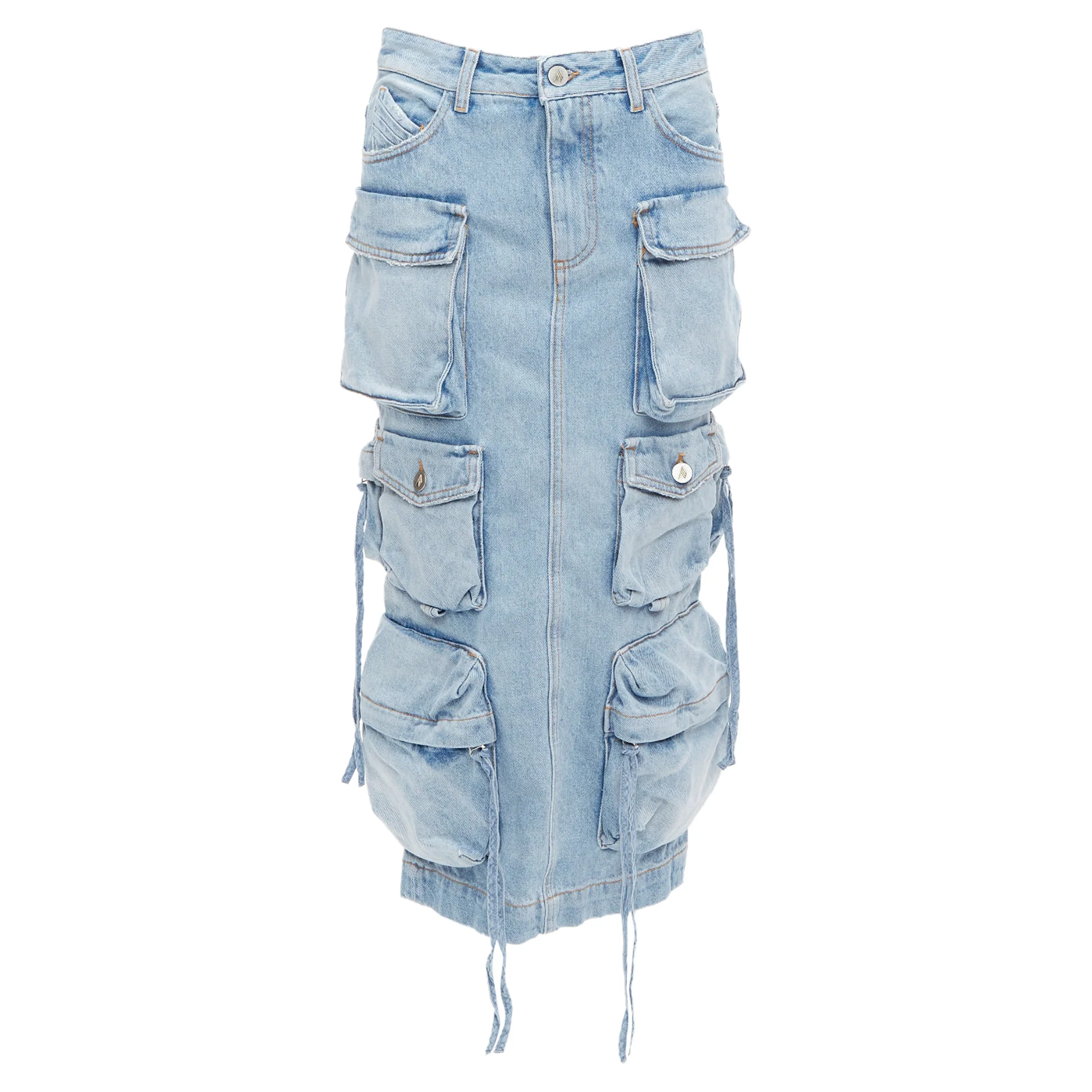 The Attico denim multi pocket cargo midi skirt