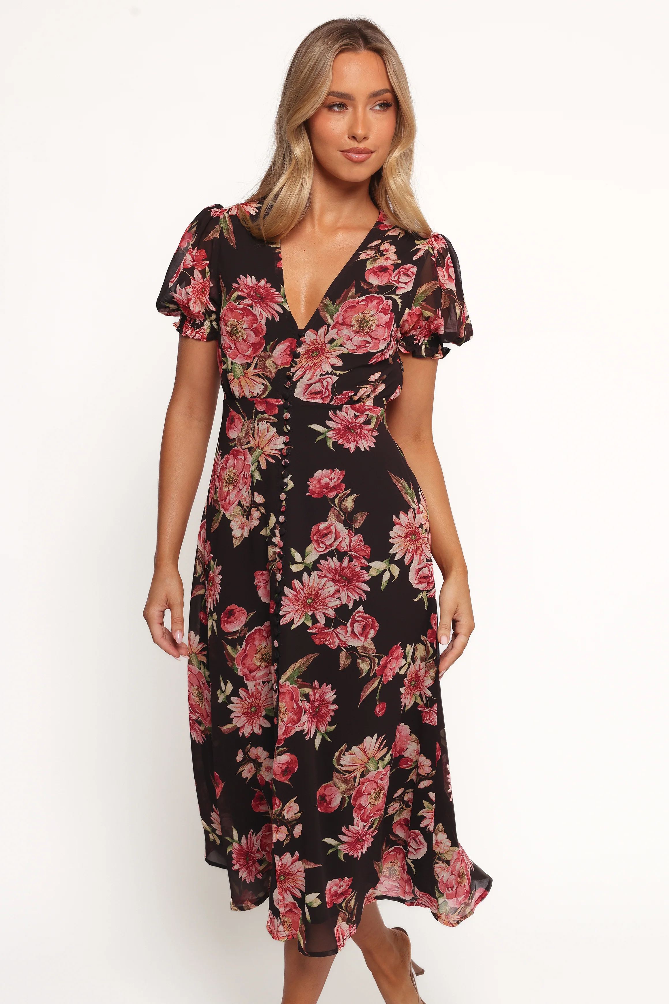 Logen Floral Midi Dress - Black Floral