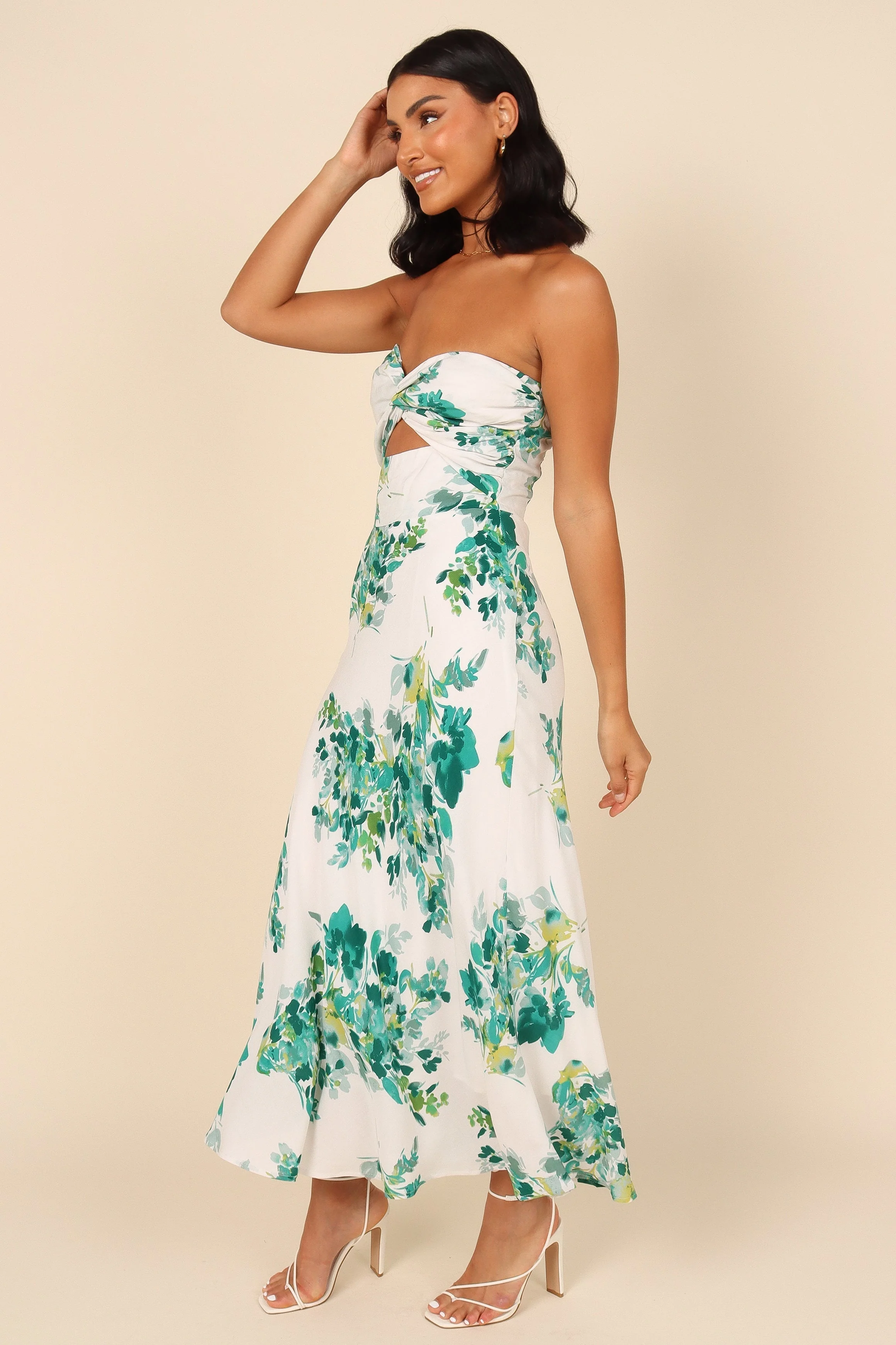 Teagan Strapless Midi Dress - Green Floral