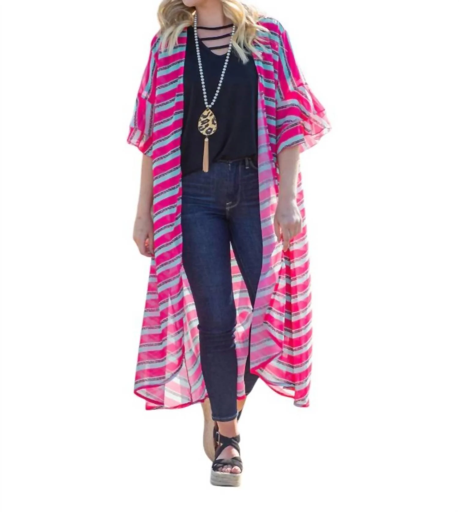 Elbow Sleeve Kimono Duster In Pretty-N-Pink