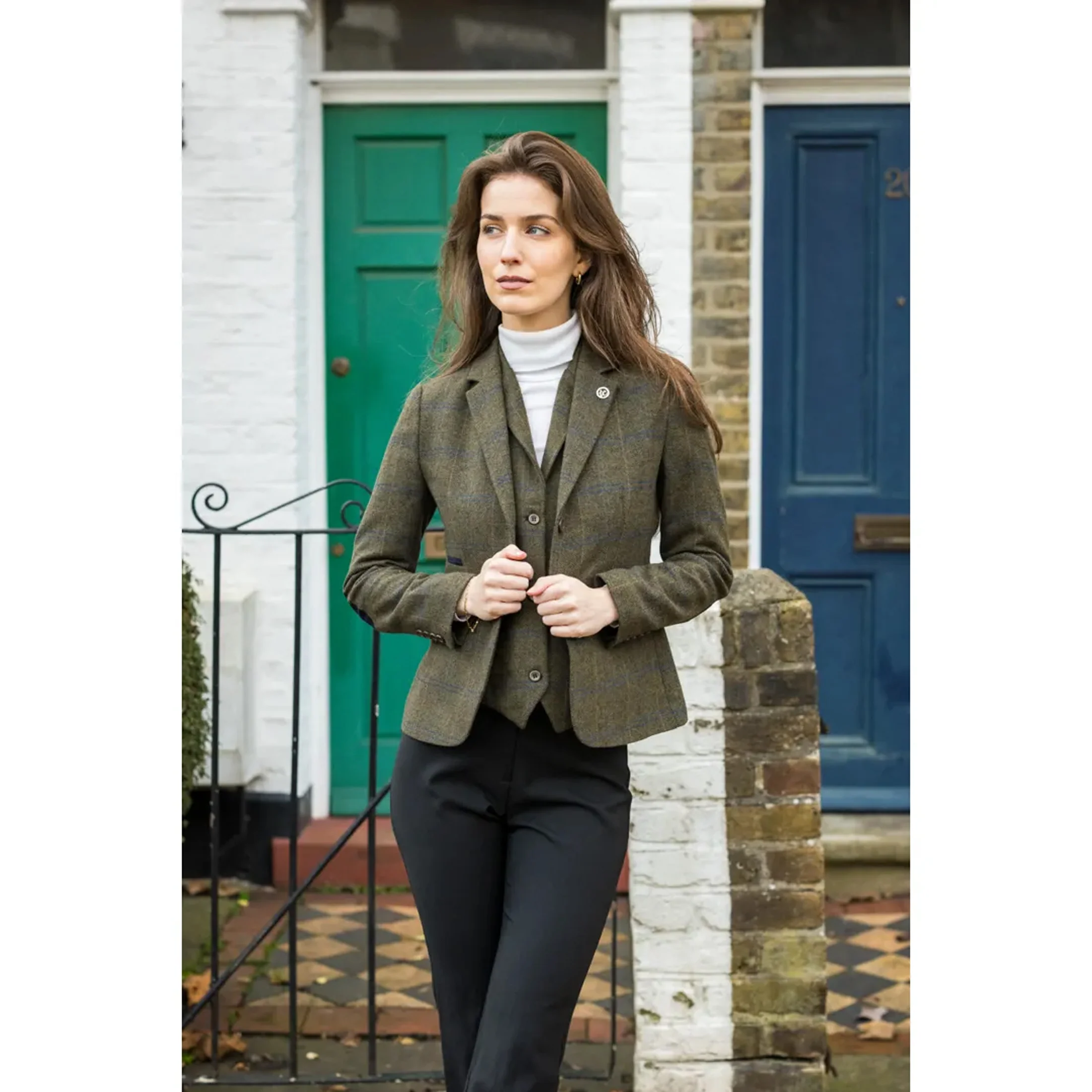Women's Olive Tailored Fit Tweed Blazer in Herringbone Check