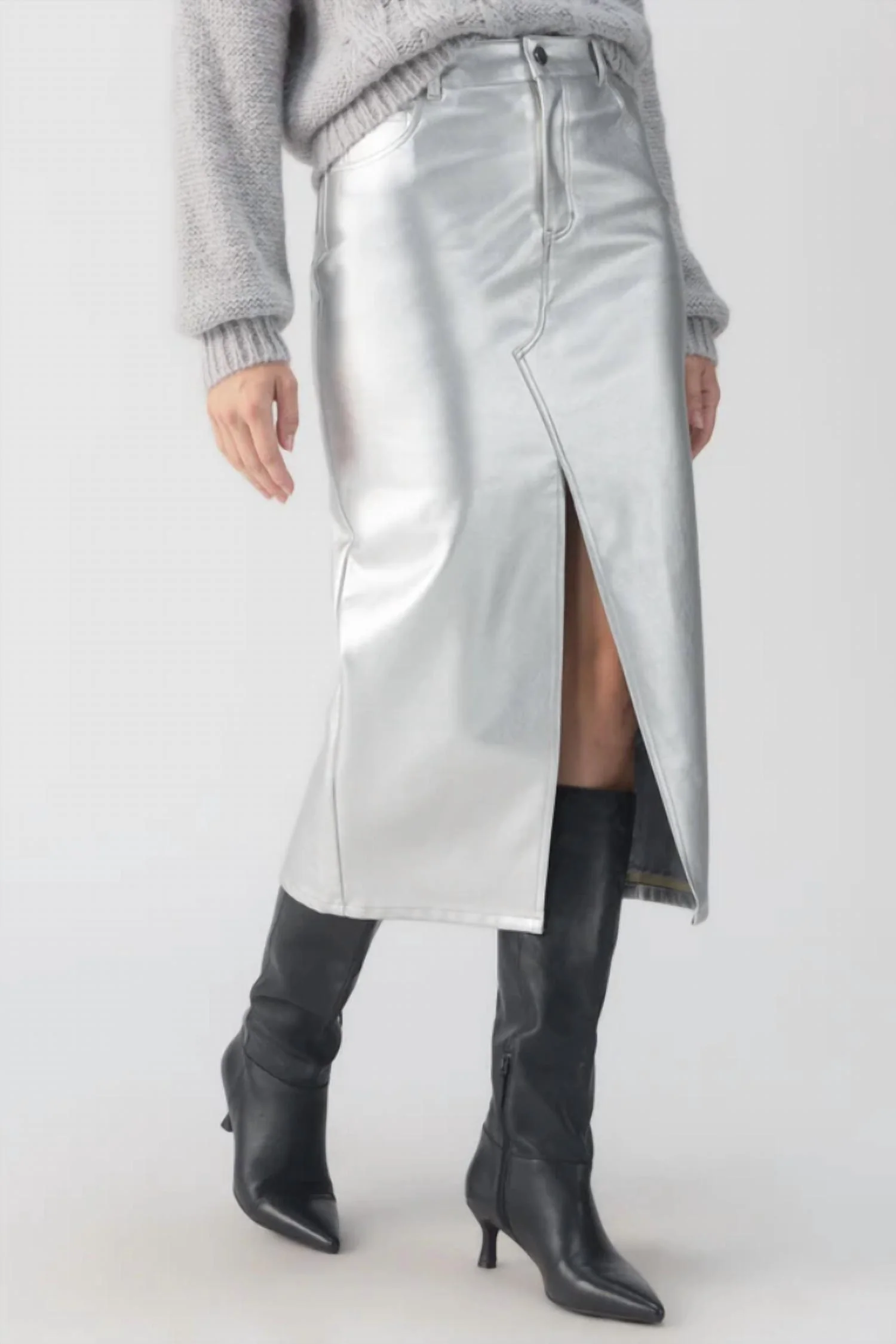Leather Like Leather Midi Skirt In Silver