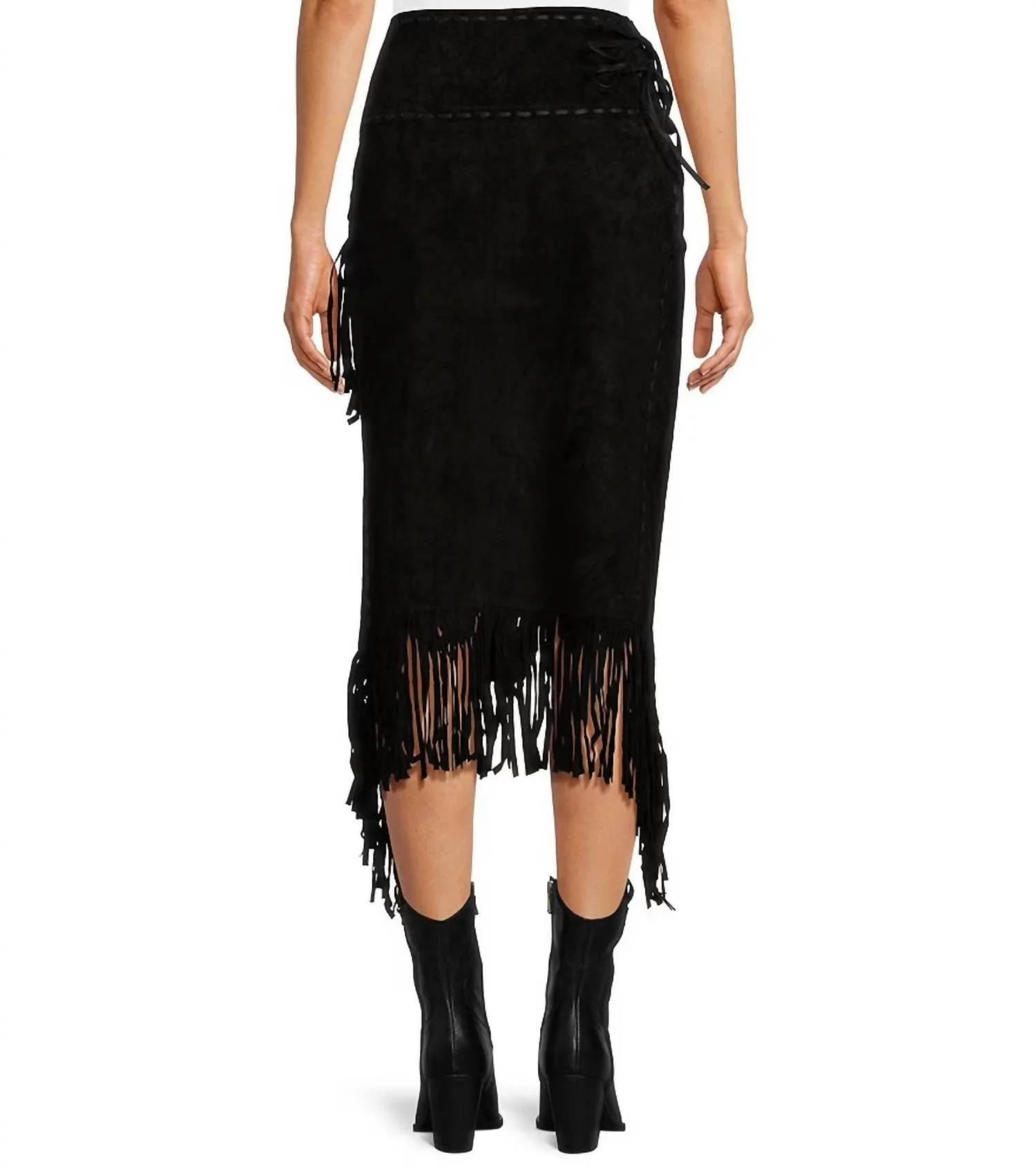 Suede Leather Fringe Midi Skirt In Black