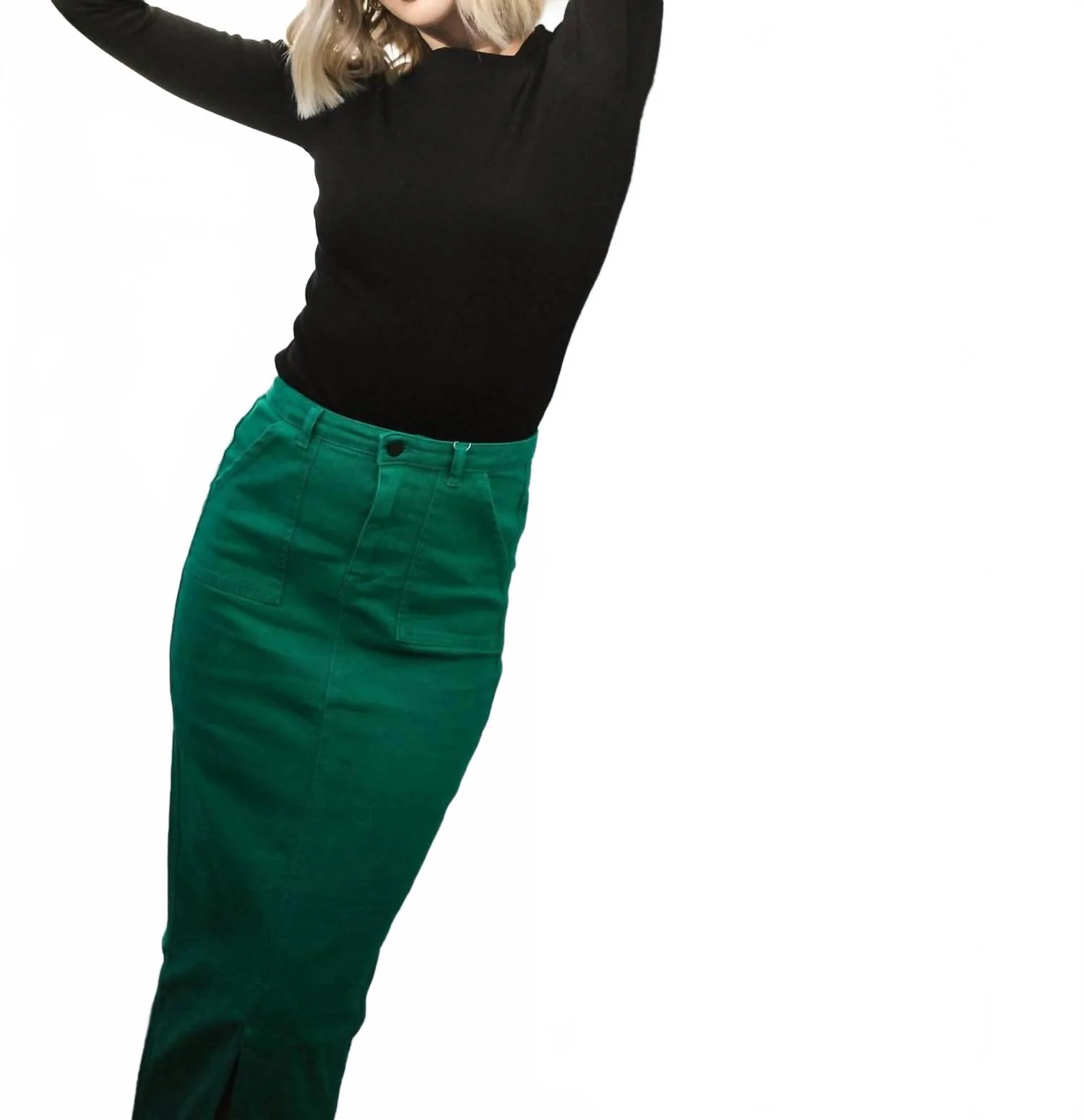 Colored Midi Denim Skirt With Front Slit In Kelly Green