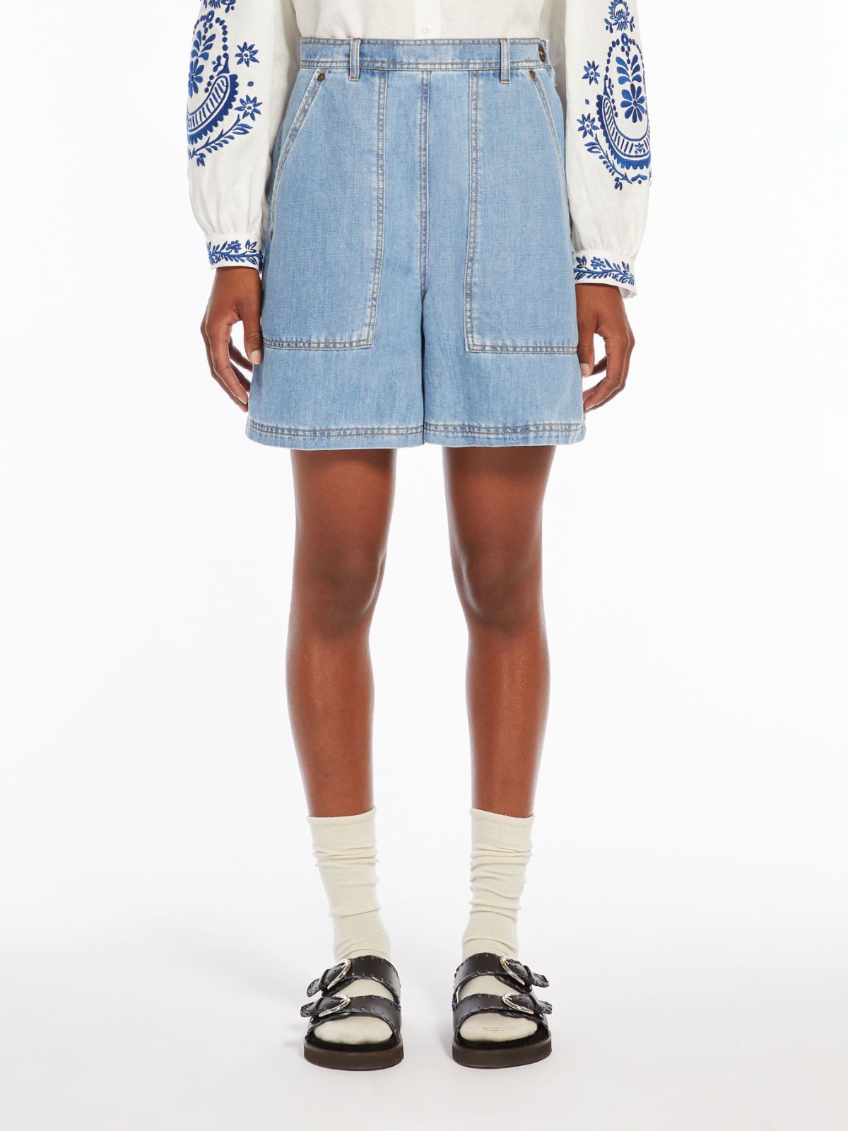 Bermuda in denim di cotone e lino