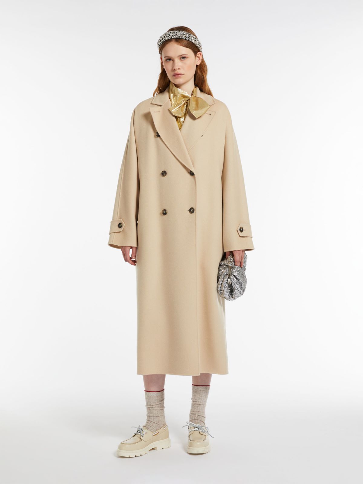 Trench midi in lana e tessuto tecnico