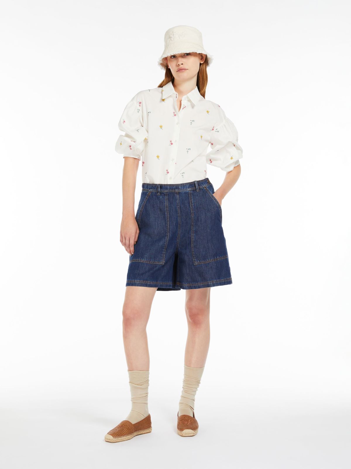 Bermuda in denim di cotone e lino