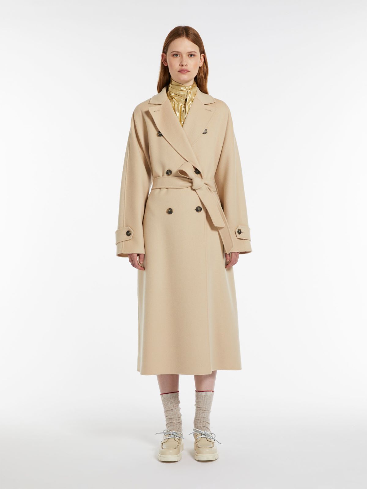 Trench midi in lana e tessuto tecnico