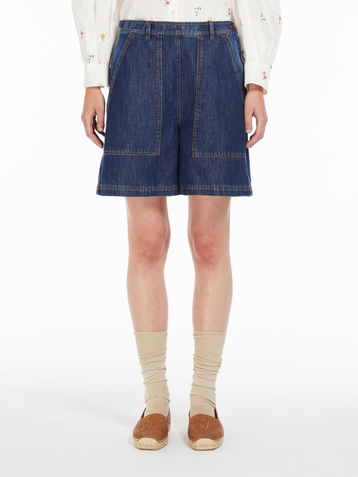 Bermuda in denim di cotone e lino