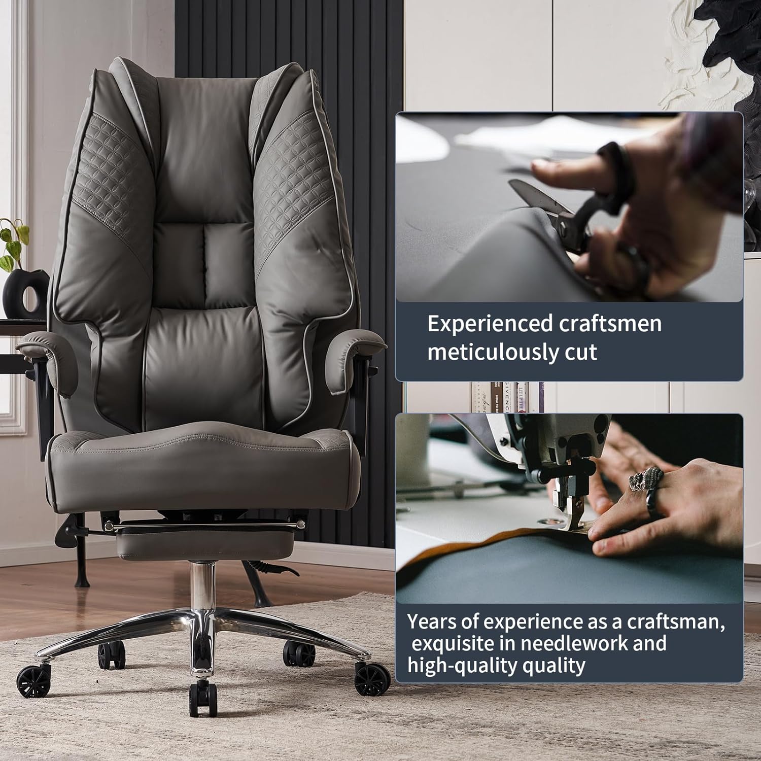 Large Tall Office Chair 400 lbs Wide Seat, Leather High Back Executive Office Chair with Footrest, Ergonomic Office Chair Lumbar Support to Relieve Lower Back Pain (Beige)