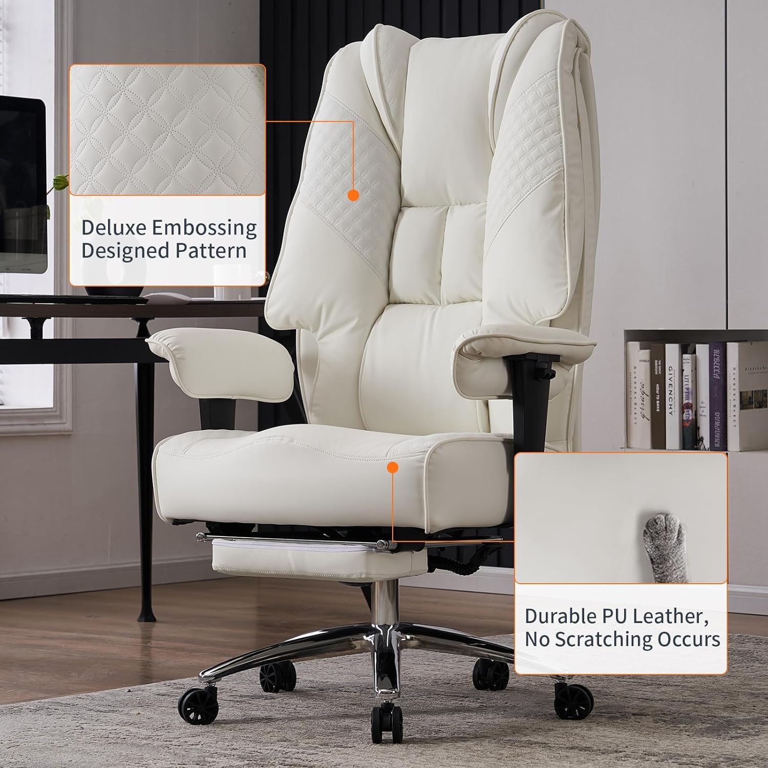 Large Tall Office Chair 400 lbs Wide Seat, Leather High Back Executive Office Chair with Footrest, Ergonomic Office Chair Lumbar Support to Relieve Lower Back Pain (Beige)