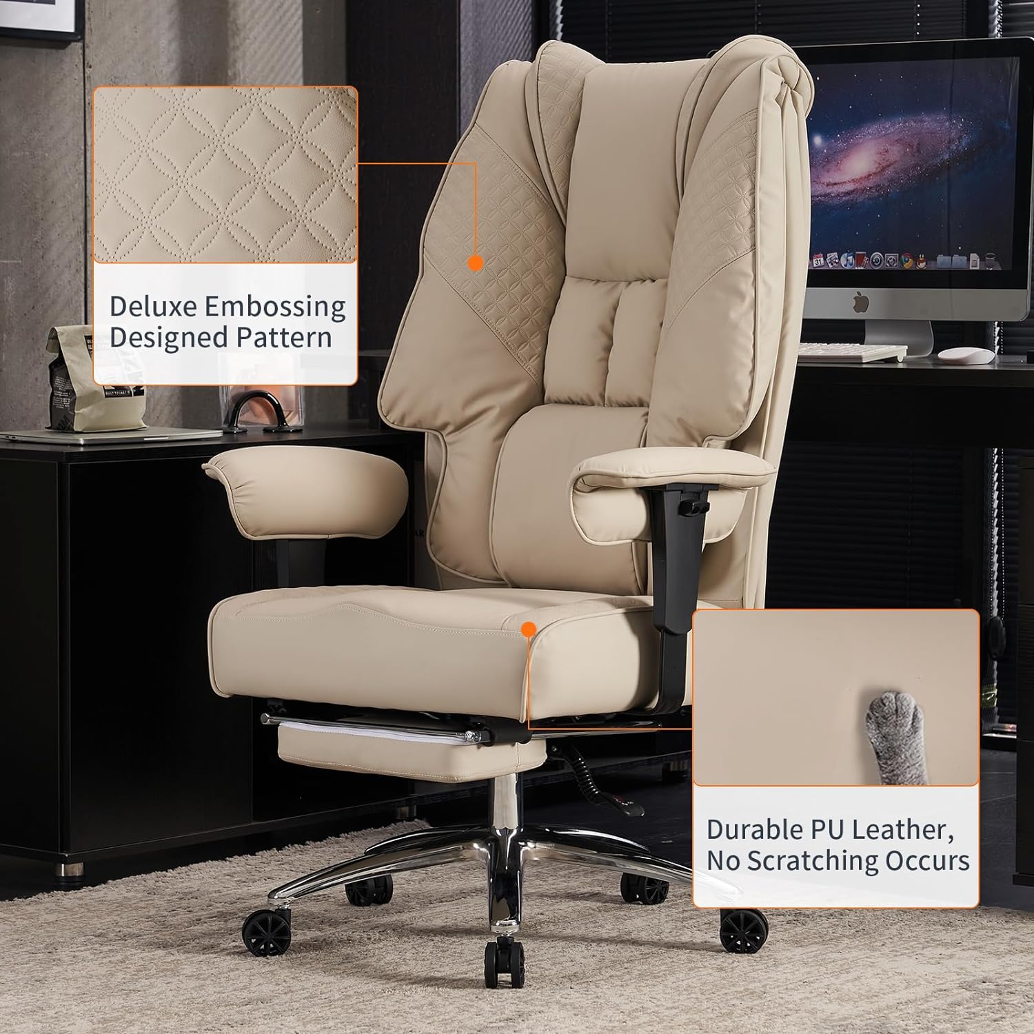 Large Tall Office Chair 400 lbs Wide Seat, Leather High Back Executive Office Chair with Footrest, Ergonomic Office Chair Lumbar Support to Relieve Lower Back Pain (Beige)