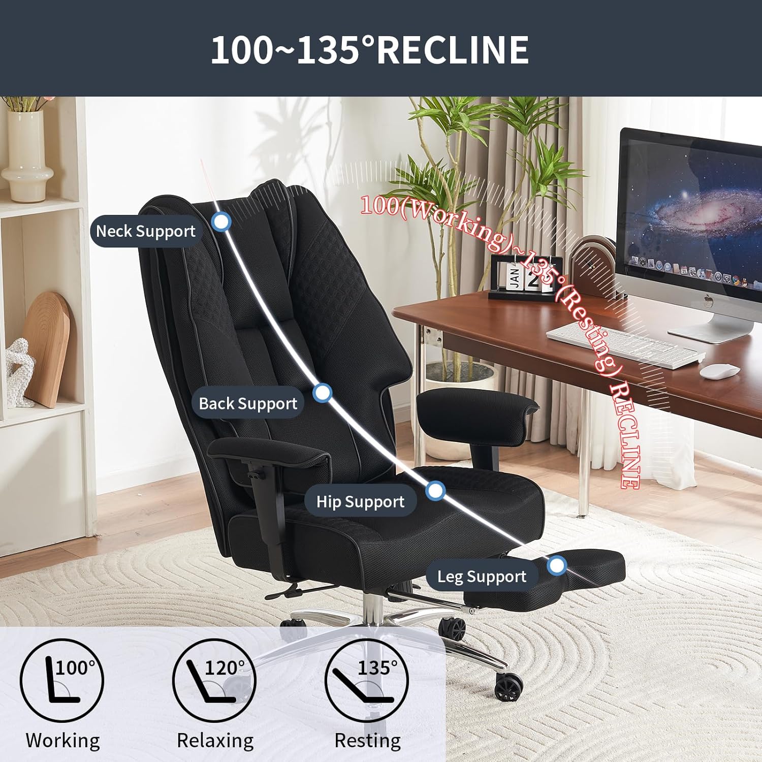 Large Tall Office Chair 400 lbs Wide Seat, Leather High Back Executive Office Chair with Footrest, Ergonomic Office Chair Lumbar Support to Relieve Lower Back Pain (Beige)