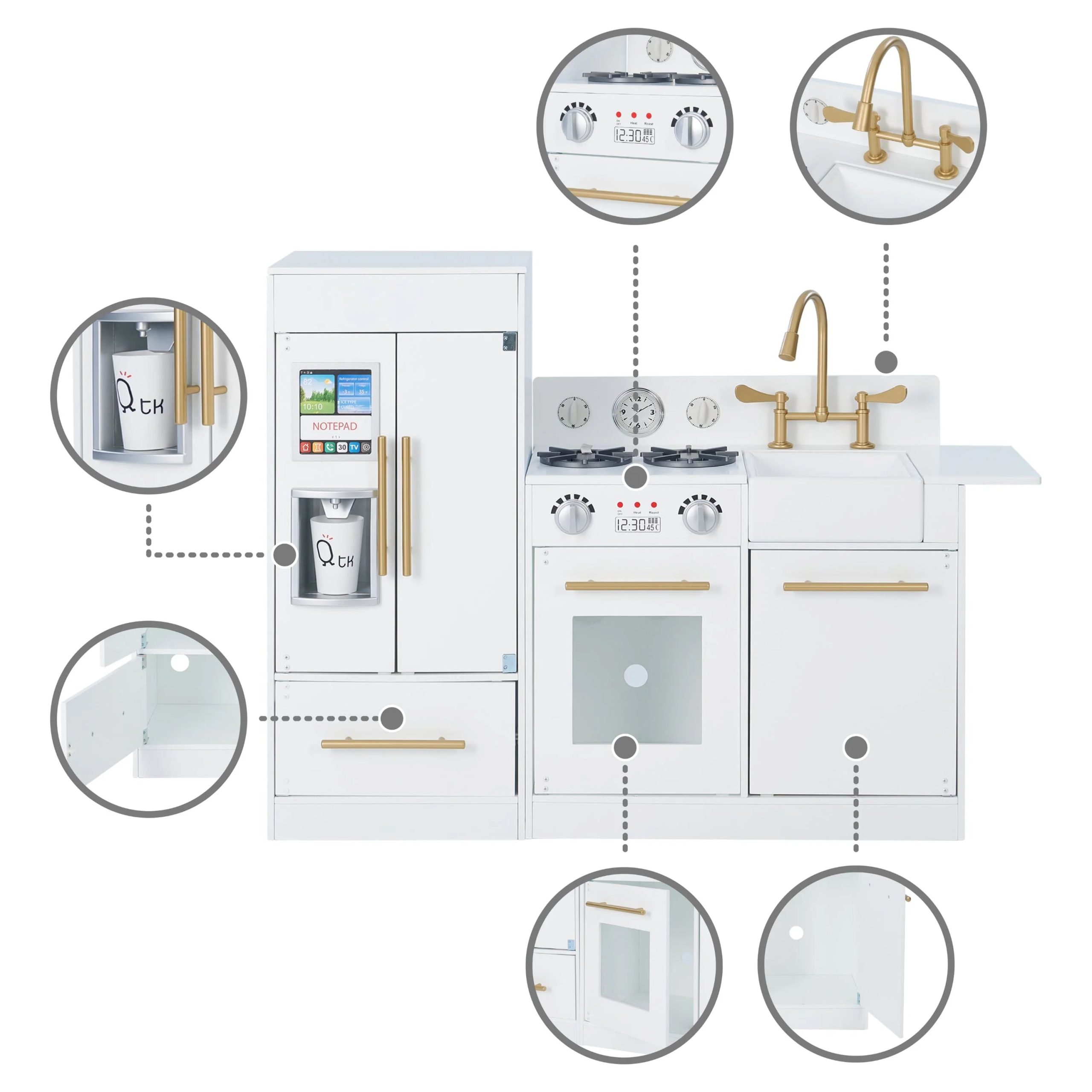 2025 Cocina Moderna para Niños Teamson Little Chef Charlotte con Refrigerador Independiente, Unidad de Cocina Separada y Características Interactivas, Blanca/Dorada