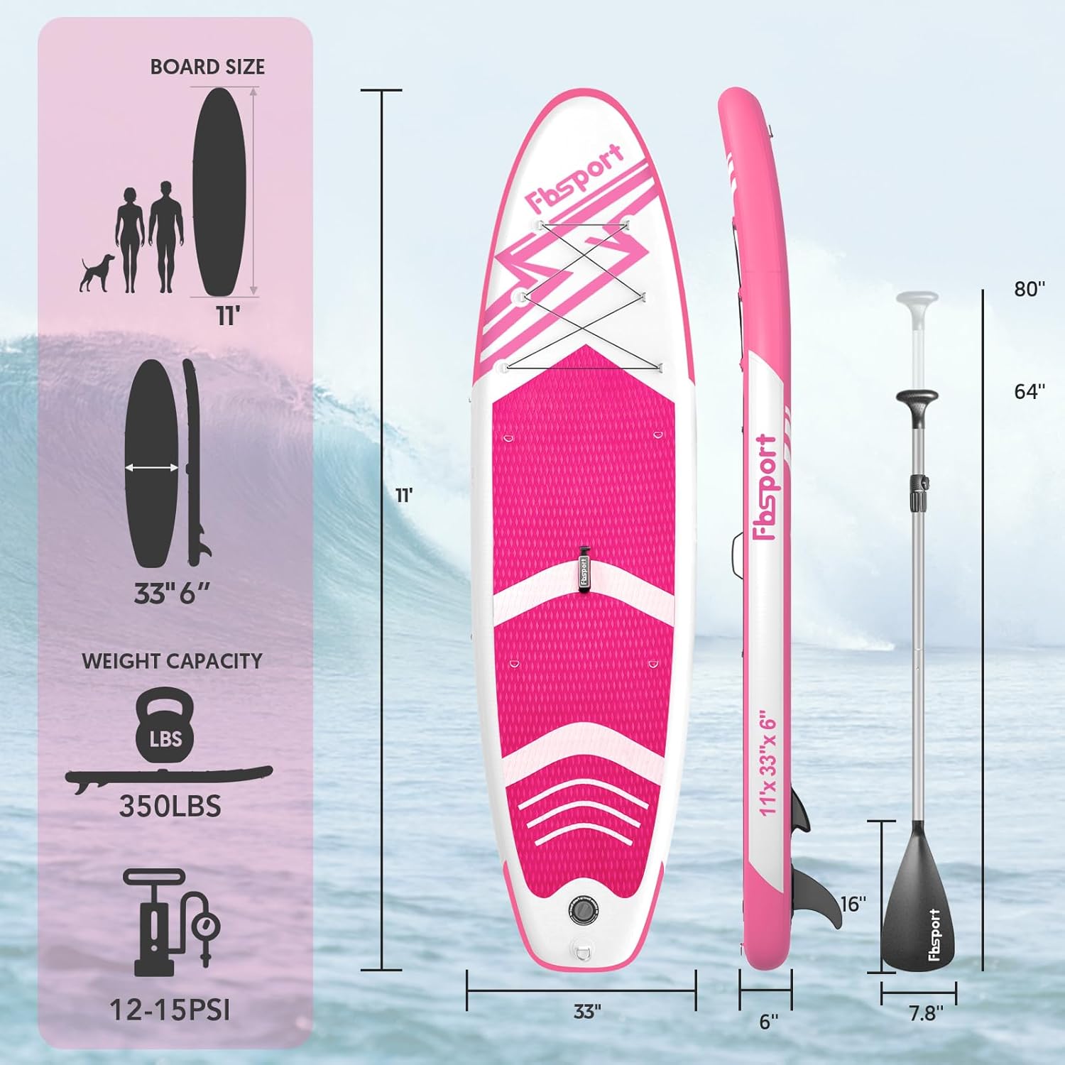 Tabla de Paddle Premium FBSPORT de 11 pulgadas, tabla de yoga con accesorios SUP y bolsa de transporte, postura ancha, control de surf, cubierta antideslizante, correa, remo y bomba para jóvenes y adultos