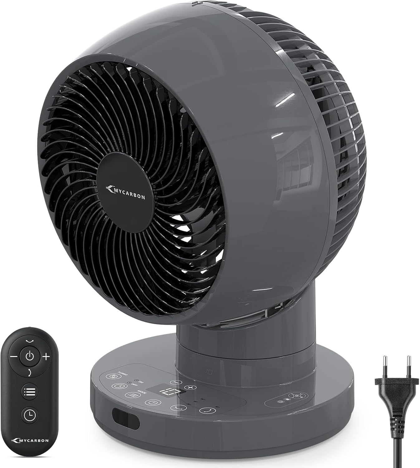 MYCARBON Ventilador de Mesa Turbo Silencioso 20dB, Motor DC Potente, Oscilación de 30°-60°-90°, 11 Velocidades, Temporizador 12h y Encendido Programado, con Control Remoto