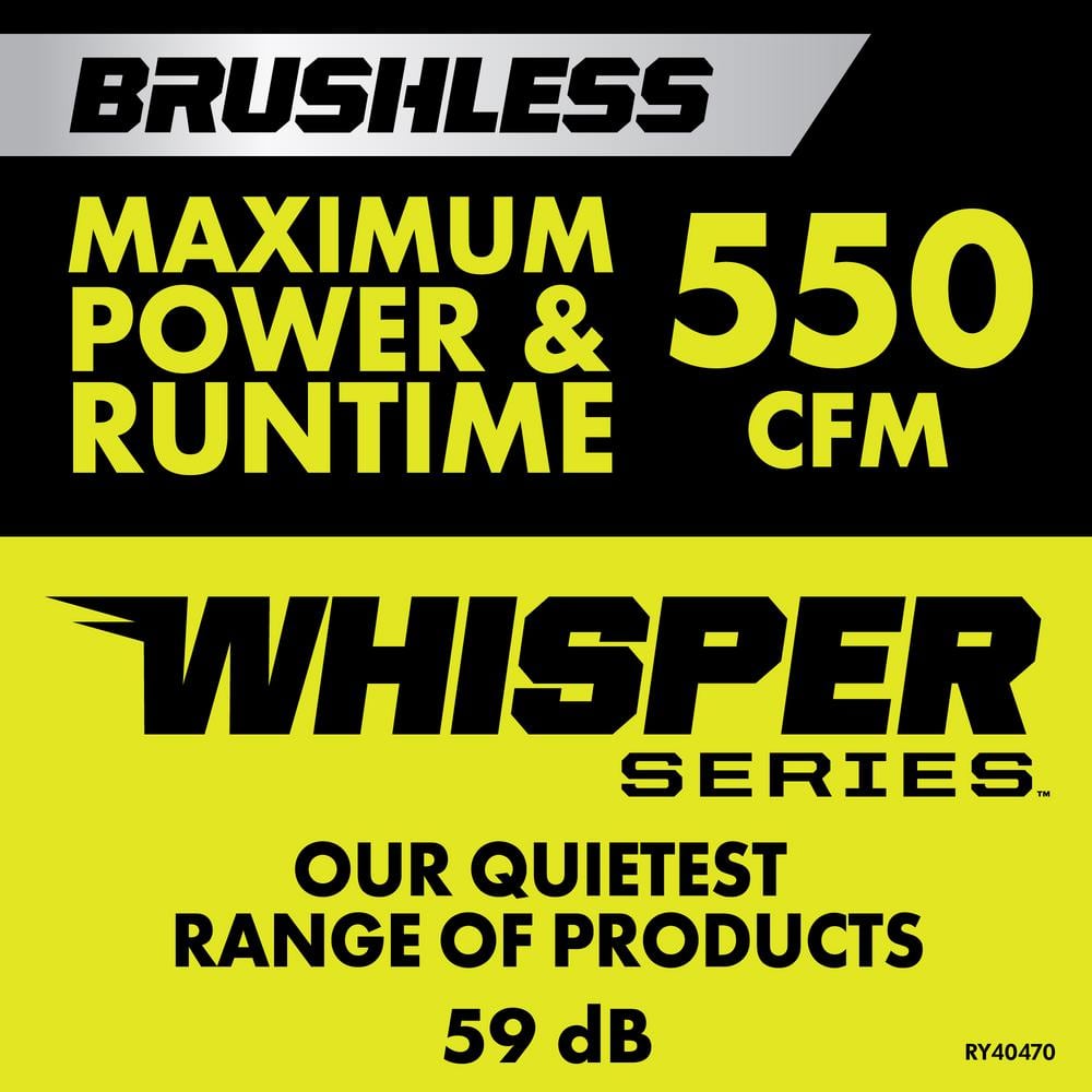 2025 Soplador de Mano RYOBI 40V Brushless 125 MPH 550 CFM de la Serie Whisper con Batería de 4.0 Ah y Cargador RY40470