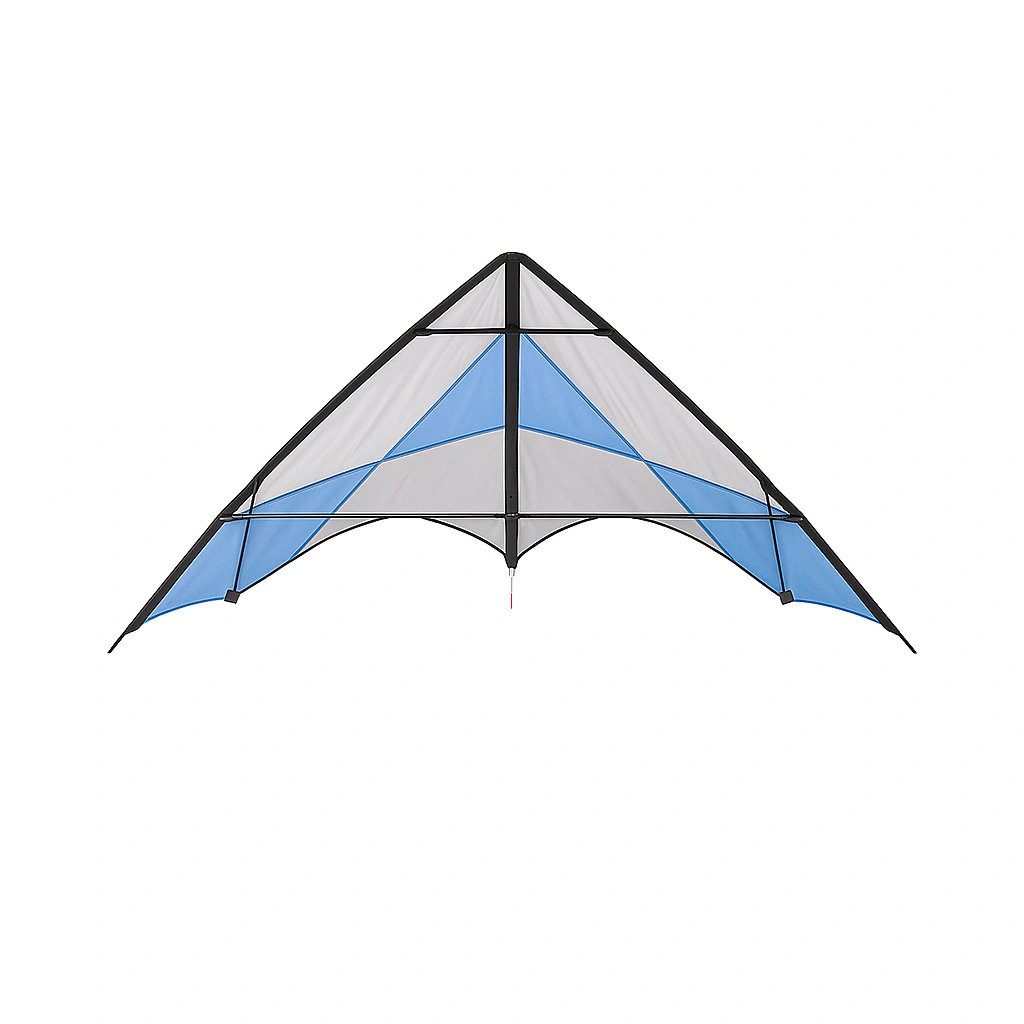 Cometa triangular con estructura de fibra de carbono azul y gris para exterior 150x50x2cm