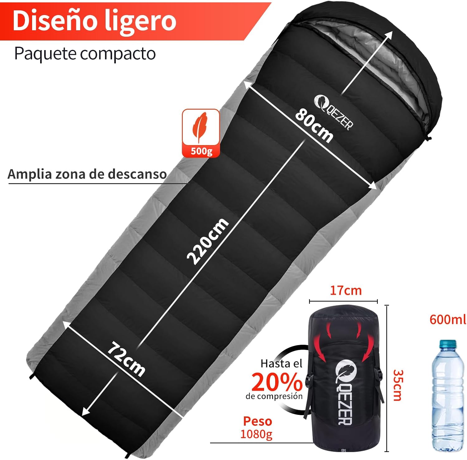 QEZER Saco de Dormir Plumón 220 cm x 80 cm 8 ~ -3 ℃ Saco de Dormir 4 Estaciones Ultraligero Adultos y Niños,Sleeping Bag para Camping y Senderismo